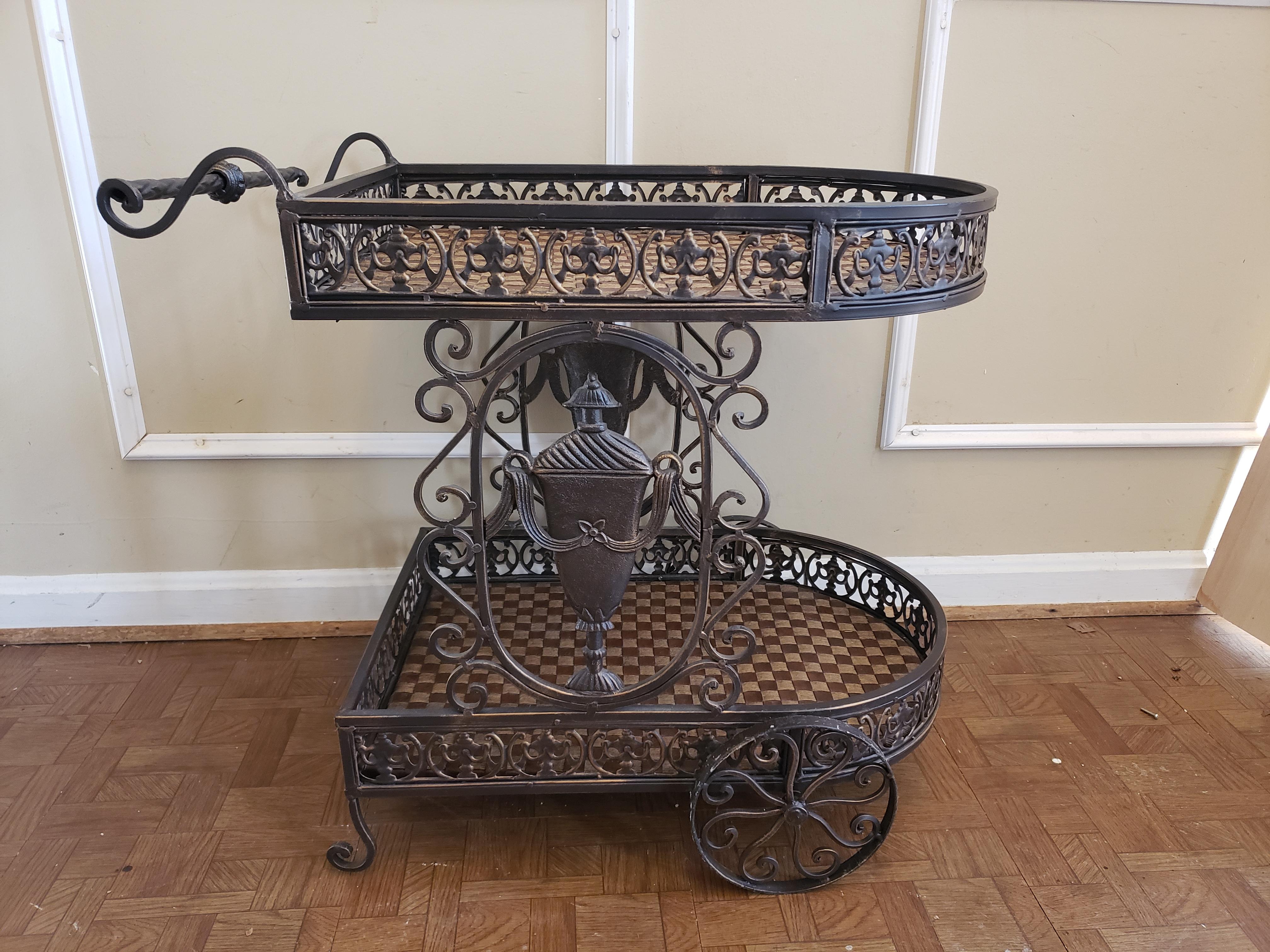 Ornate Iron and Webbed Leatherette and Rush Serving Cart, Circa 1980s For Sale 3