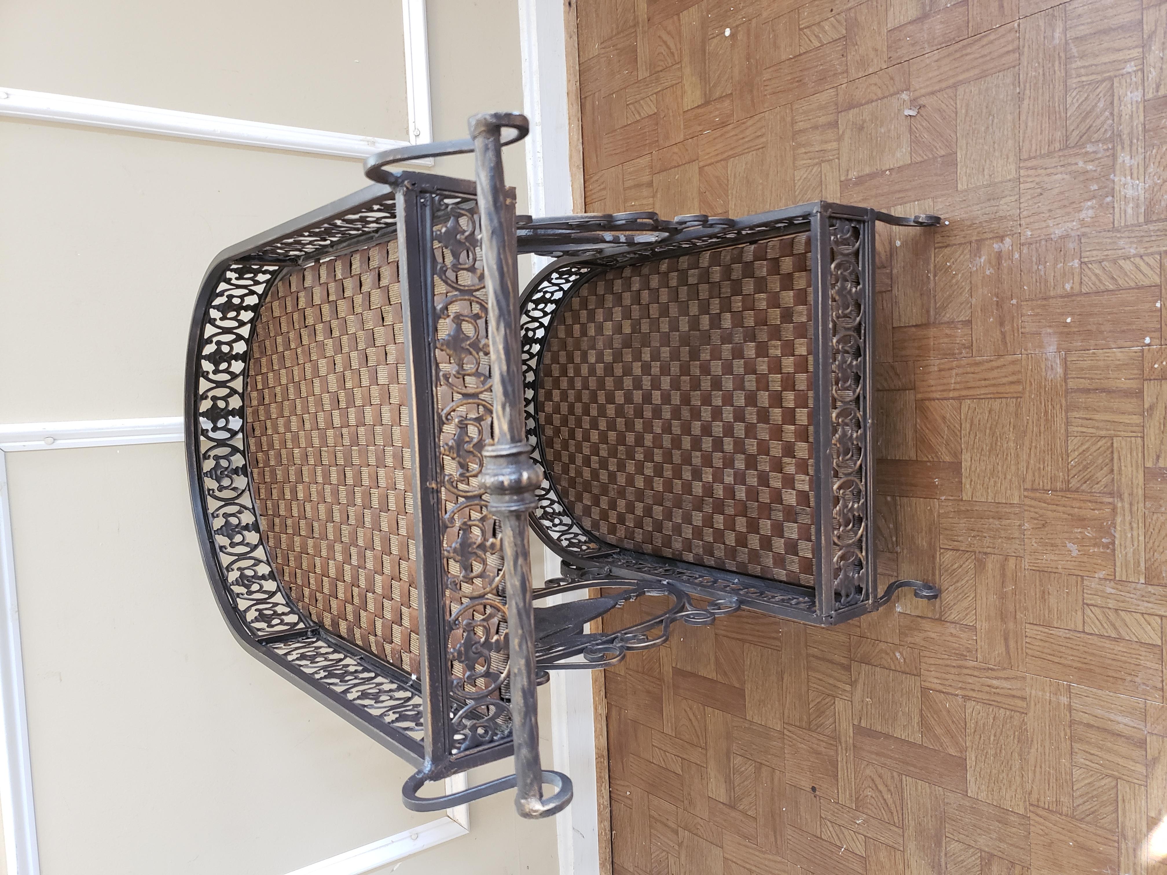 Mid-Century Modern Ornate Iron and Webbed Leatherette and Rush Serving Cart, Circa 1980s For Sale