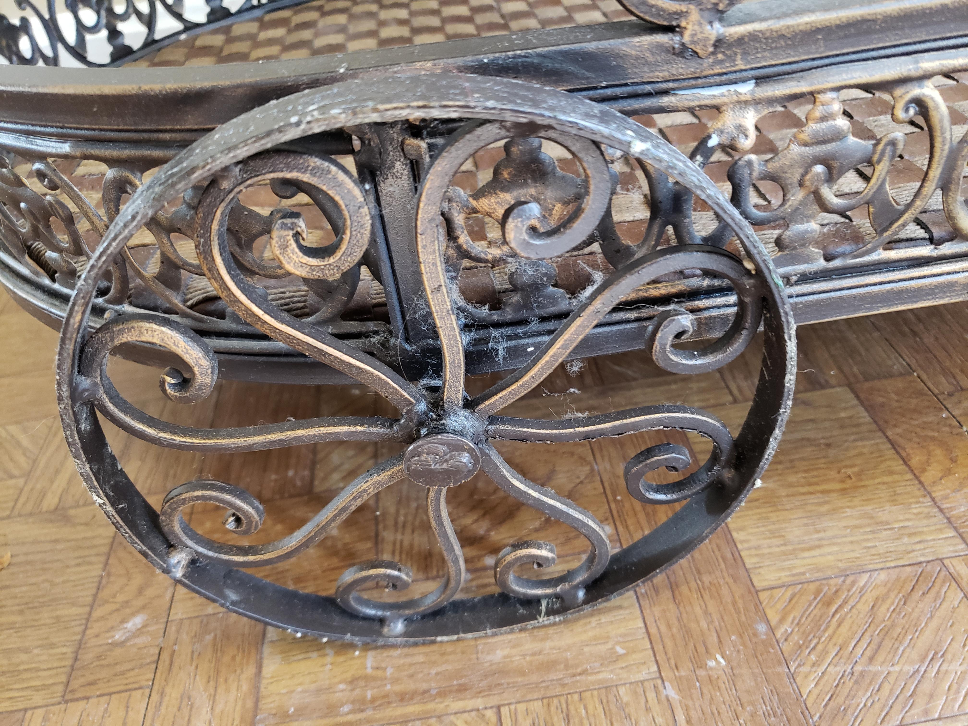 American Ornate Iron and Webbed Leatherette and Rush Serving Cart, Circa 1980s For Sale