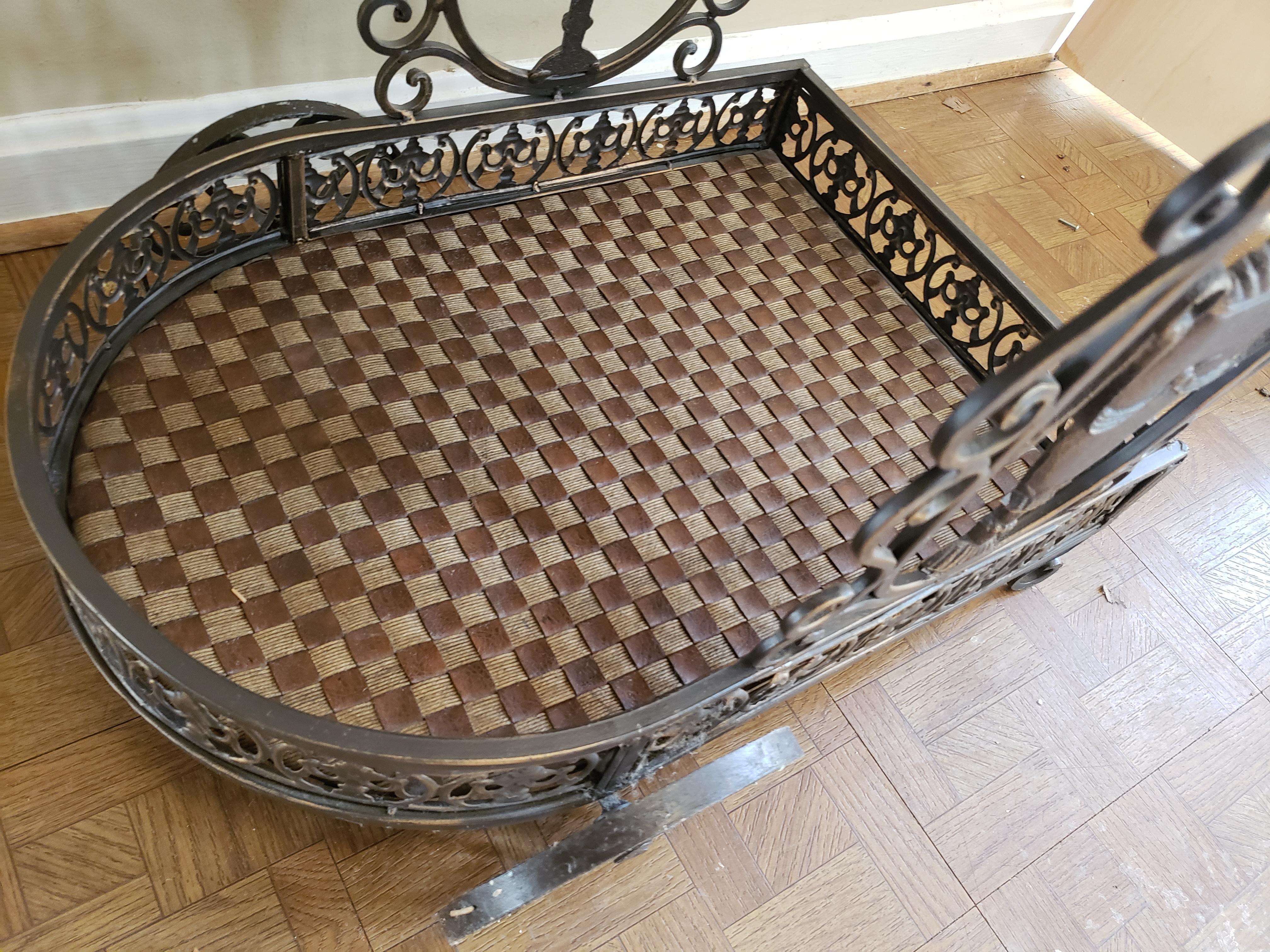 Hand-Crafted Ornate Iron and Webbed Leatherette and Rush Serving Cart, Circa 1980s For Sale