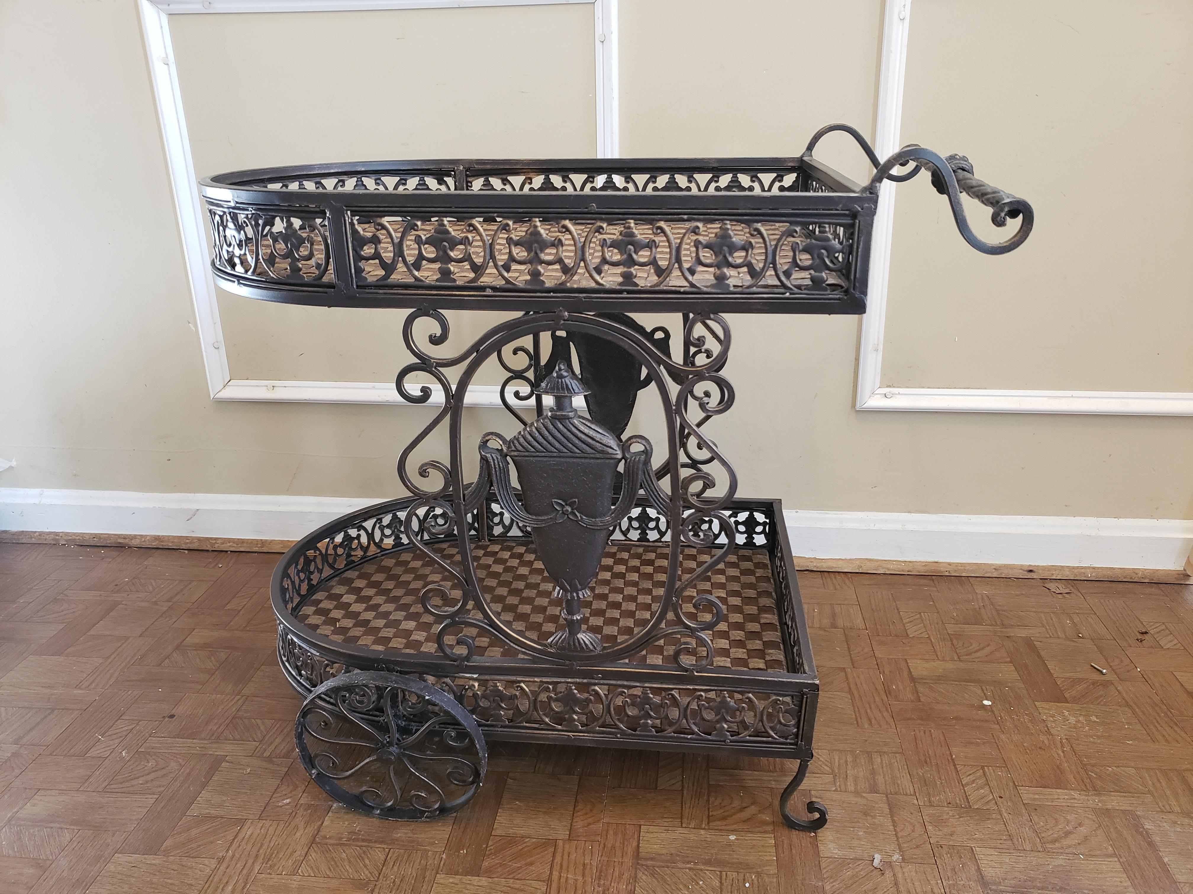 Faux Leather Ornate Iron and Webbed Leatherette and Rush Serving Cart, Circa 1980s For Sale