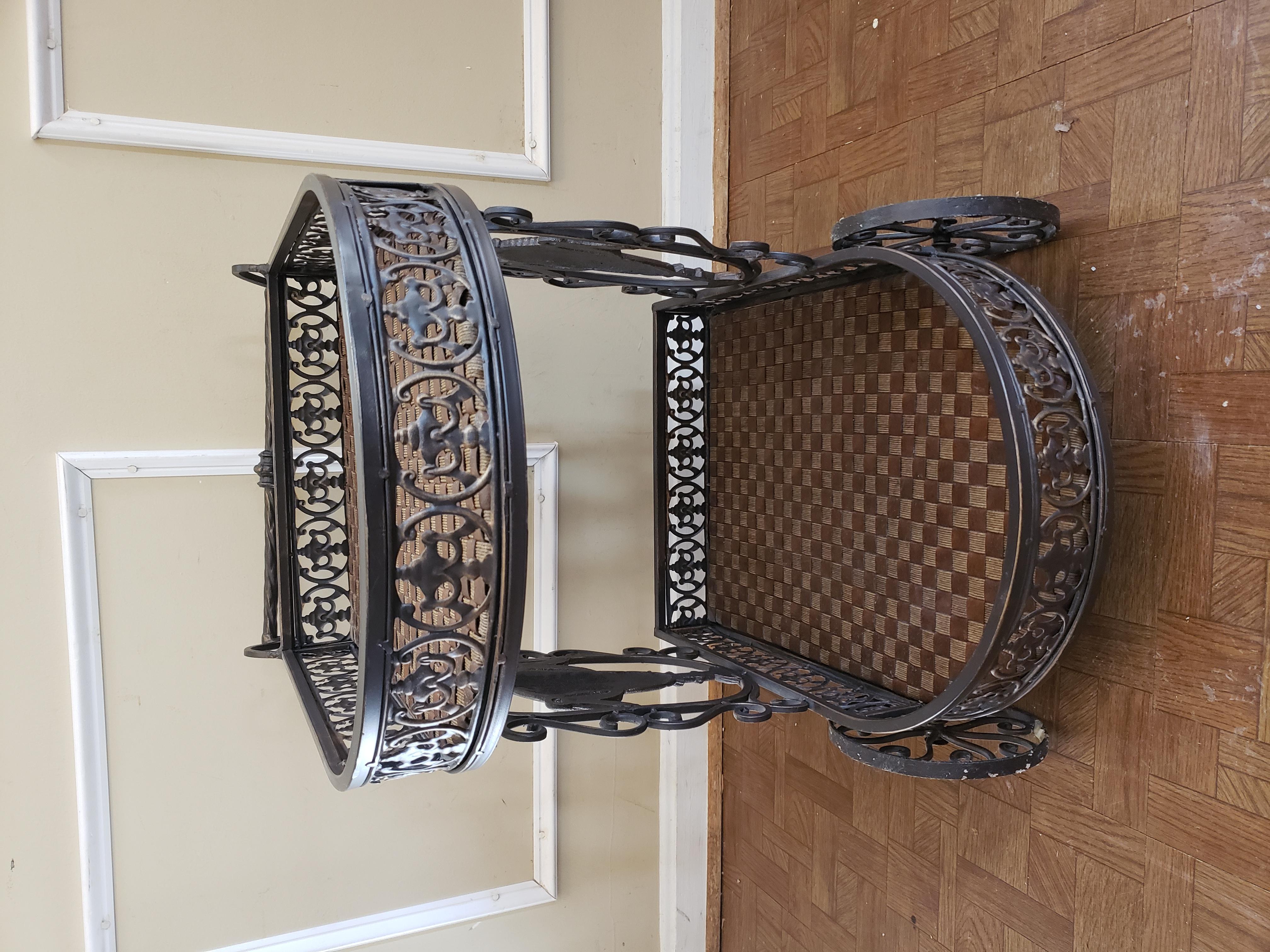 Ornate Iron and Webbed Leatherette and Rush Serving Cart, Circa 1980s For Sale 1