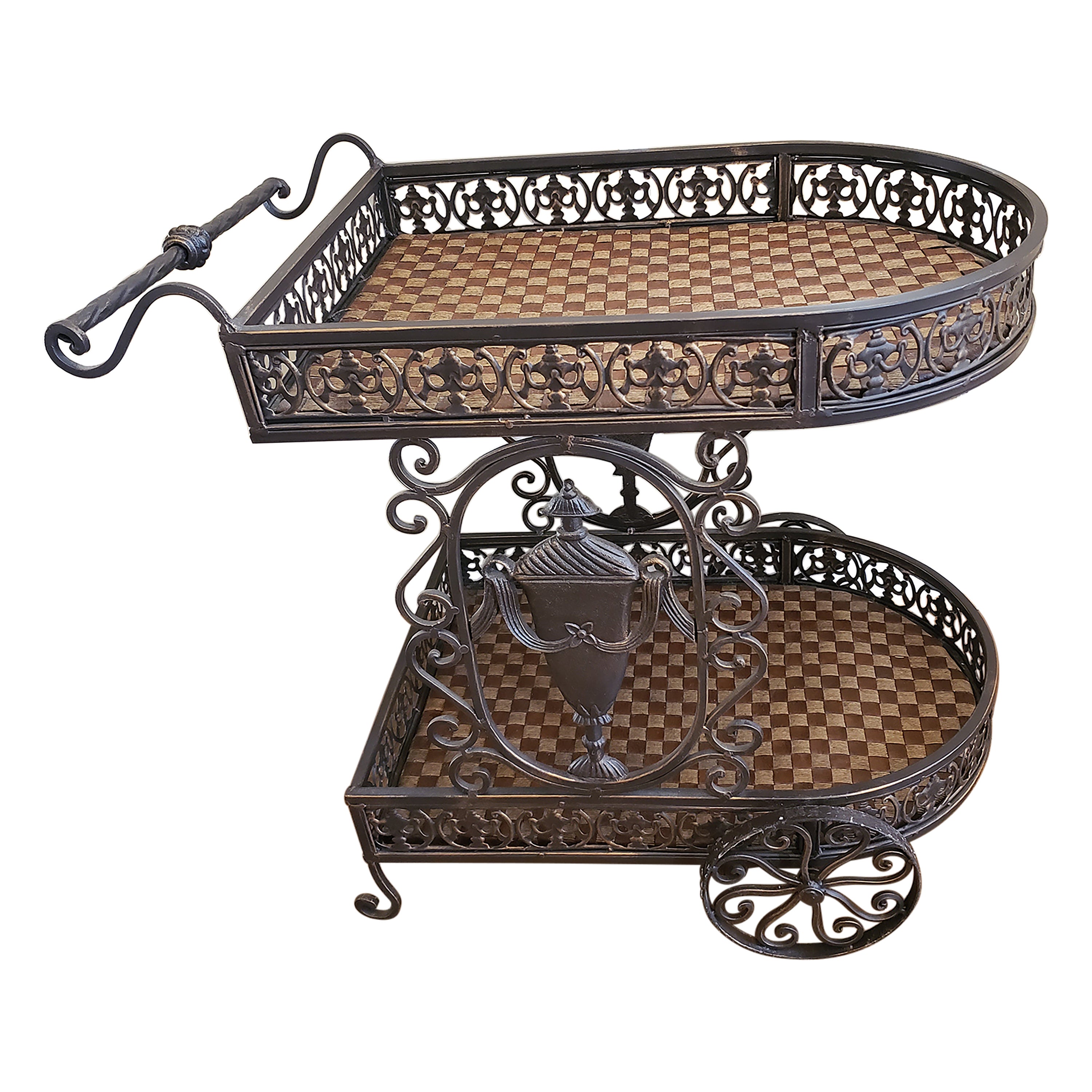 Ornate Iron and Webbed Leatherette and Rush Serving Cart, Circa 1980s