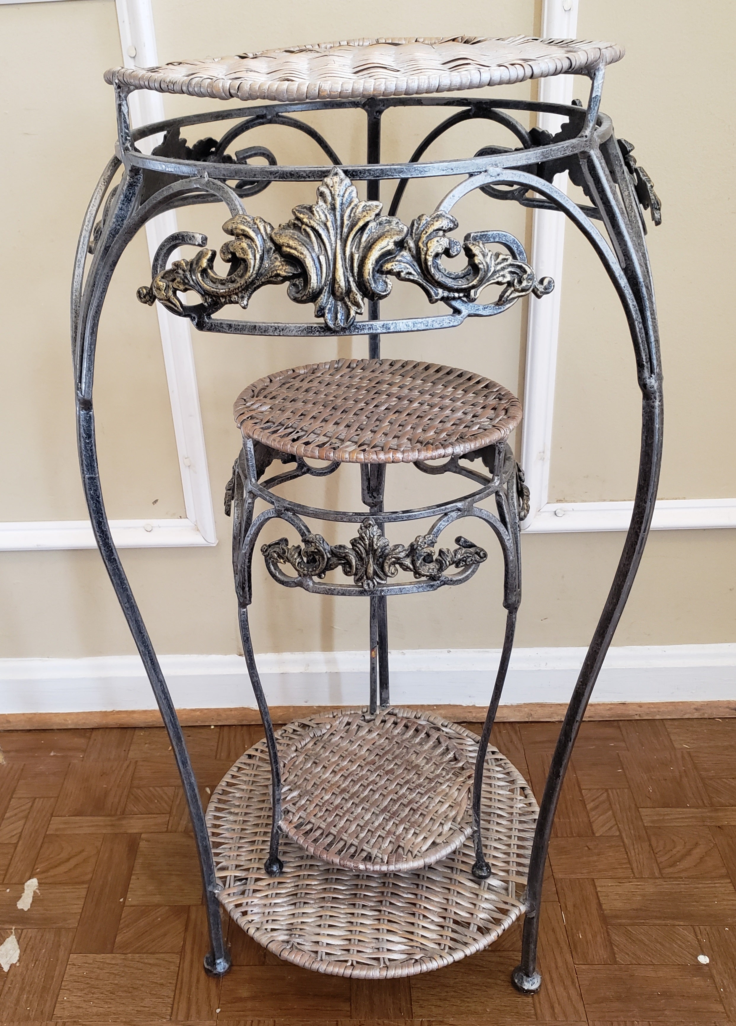 Modern Ornate Iron and Wicker Stands, a Pair For Sale