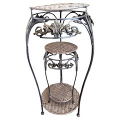 Retro Ornate Iron and Wicker Stands, a Pair