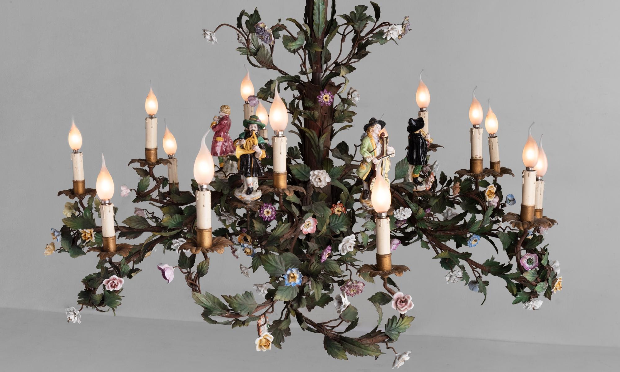 Italian Ornate Iron Floral Chandelier with Porcelain Figures, Italy circa 1920