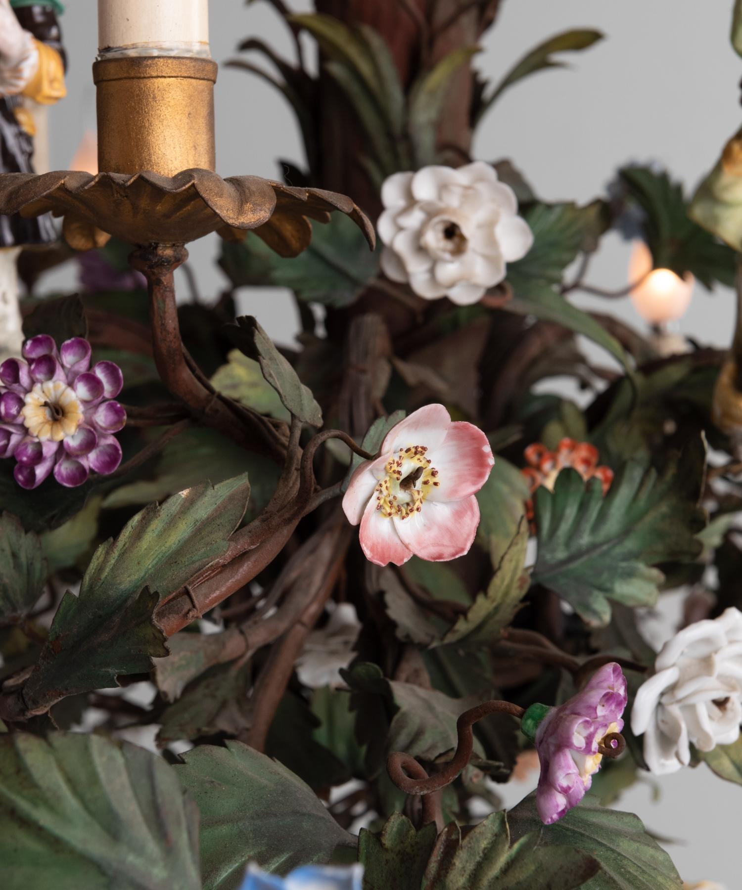 Cast Ornate Iron Floral Chandelier with Porcelain Figures, Italy circa 1920
