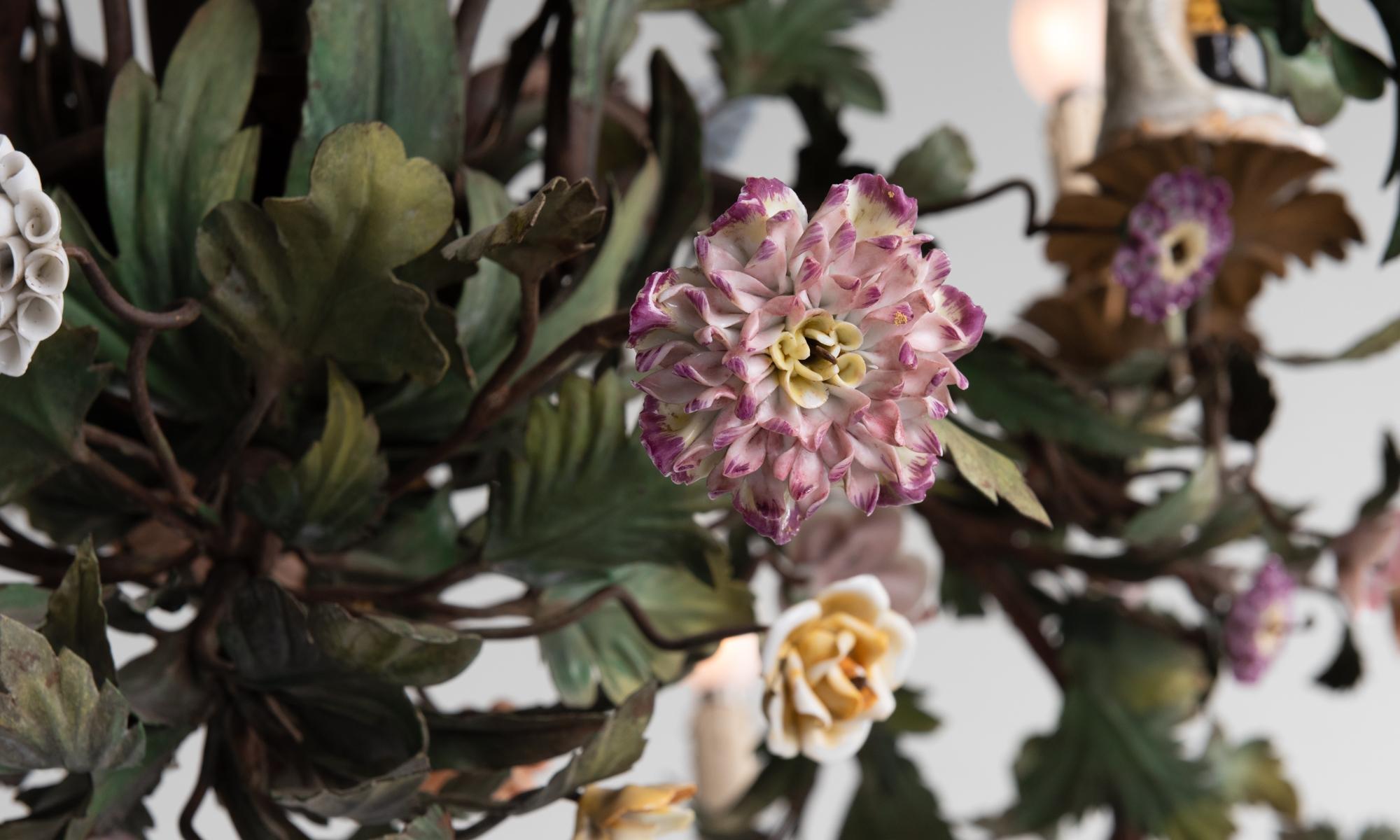 Ornate Iron Floral Chandelier with Porcelain Figures, Italy circa 1920 In Good Condition In Culver City, CA