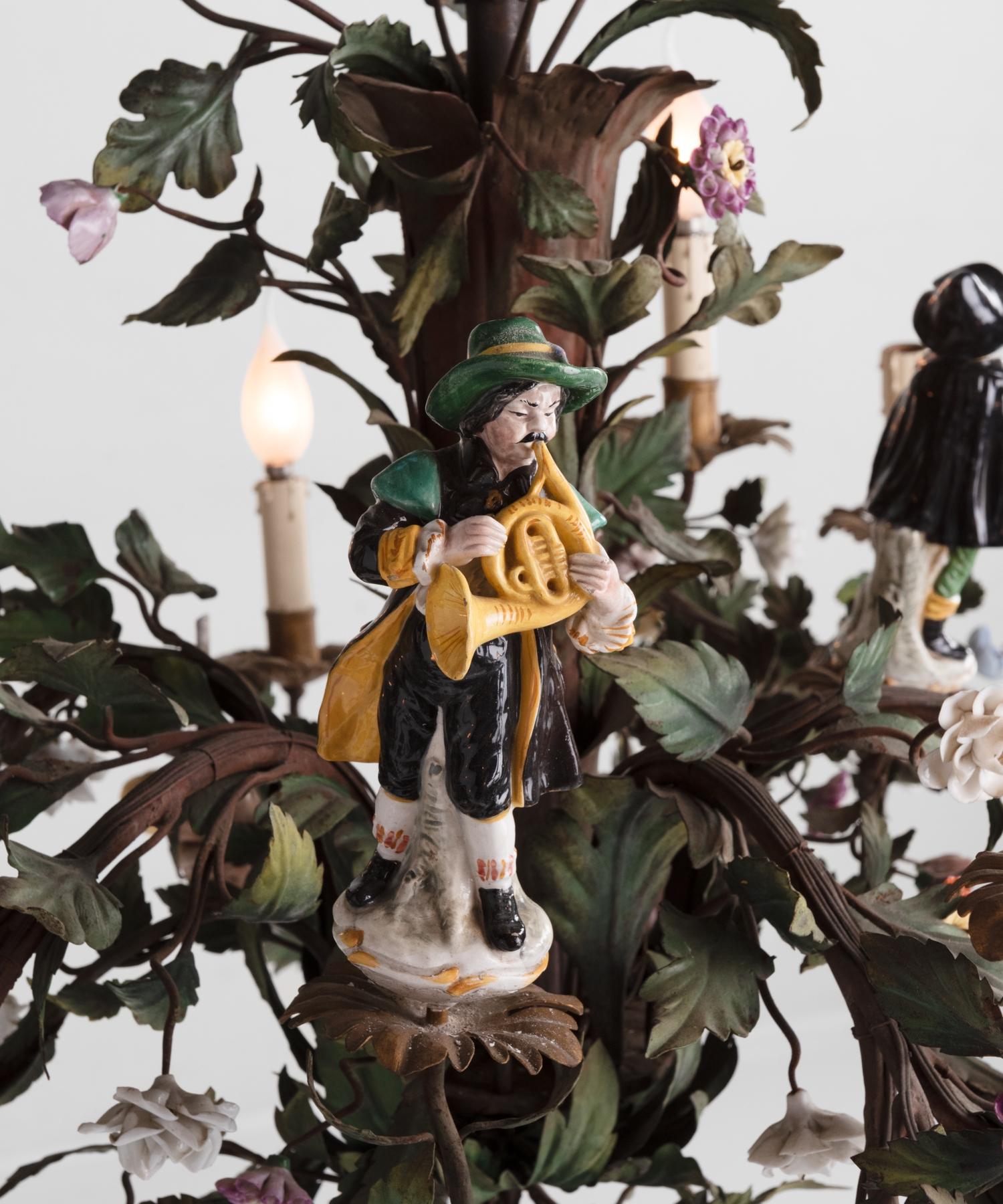 Ornate Iron Floral Chandelier with Porcelain Figures, Italy circa 1920 2