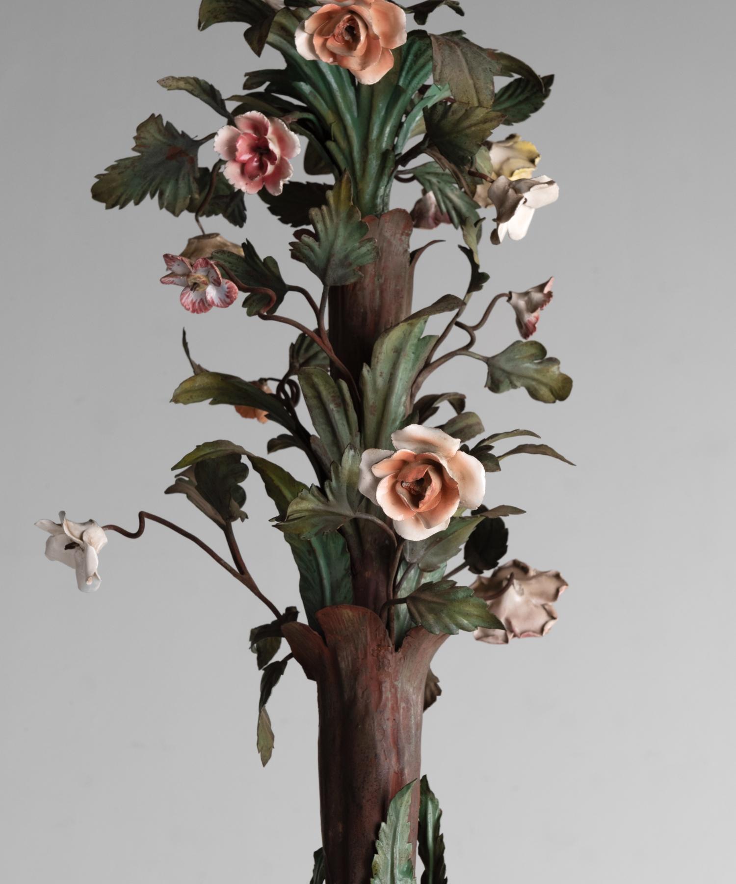 Ornate Iron Floral Chandelier with Porcelain Figures, Italy circa 1920 3