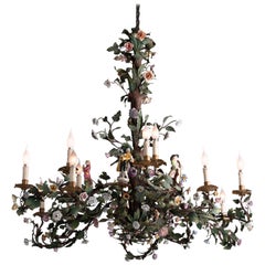 Antique Ornate Iron Floral Chandelier with Porcelain Figures, Italy circa 1920