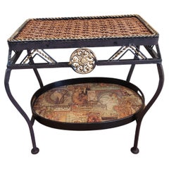 Ornate Iron, Wood and Rush Side Serving Tray Table