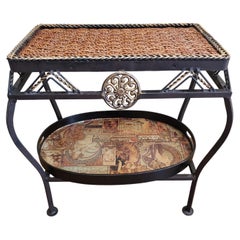 Vintage Ornate Iron, Wood and Rush Side Serving Tray Table