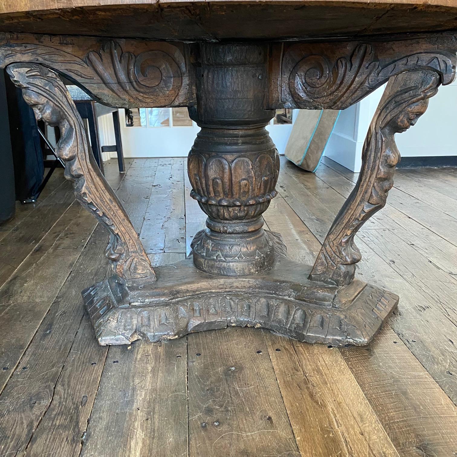 Comprised of an inlaid round walnut top (with new glass top) over an early figural carved base, this 18th century entry table is truly a piece of art. Once featured in a prominent East Coast design magazine, it would display beautifully with a tall