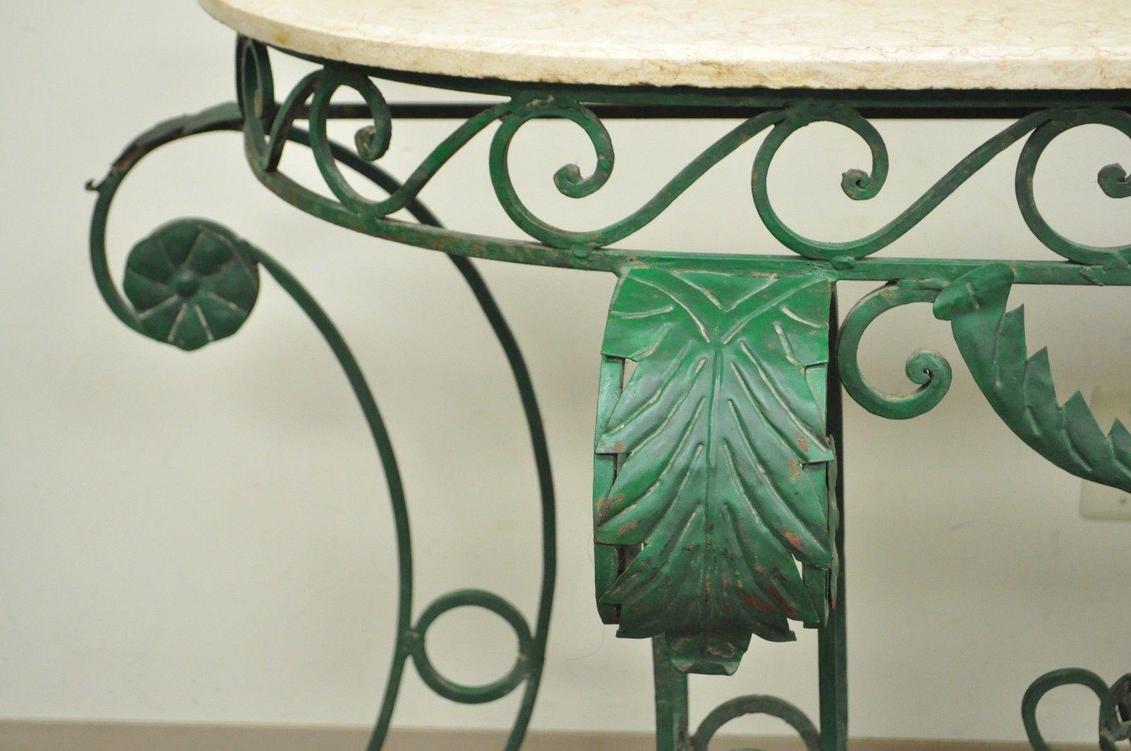 Ornate Italian Regency Style Green Wrought Iron Marble-Top Console Table 6