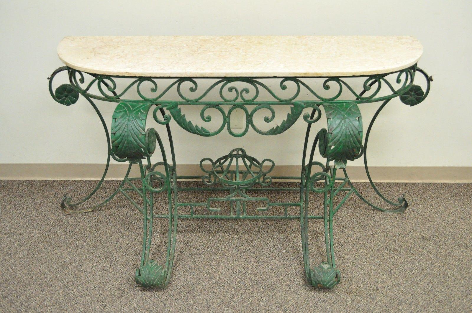 Ornate Italian Regency Style Green Wrought Iron Marble-Top Console Table 7