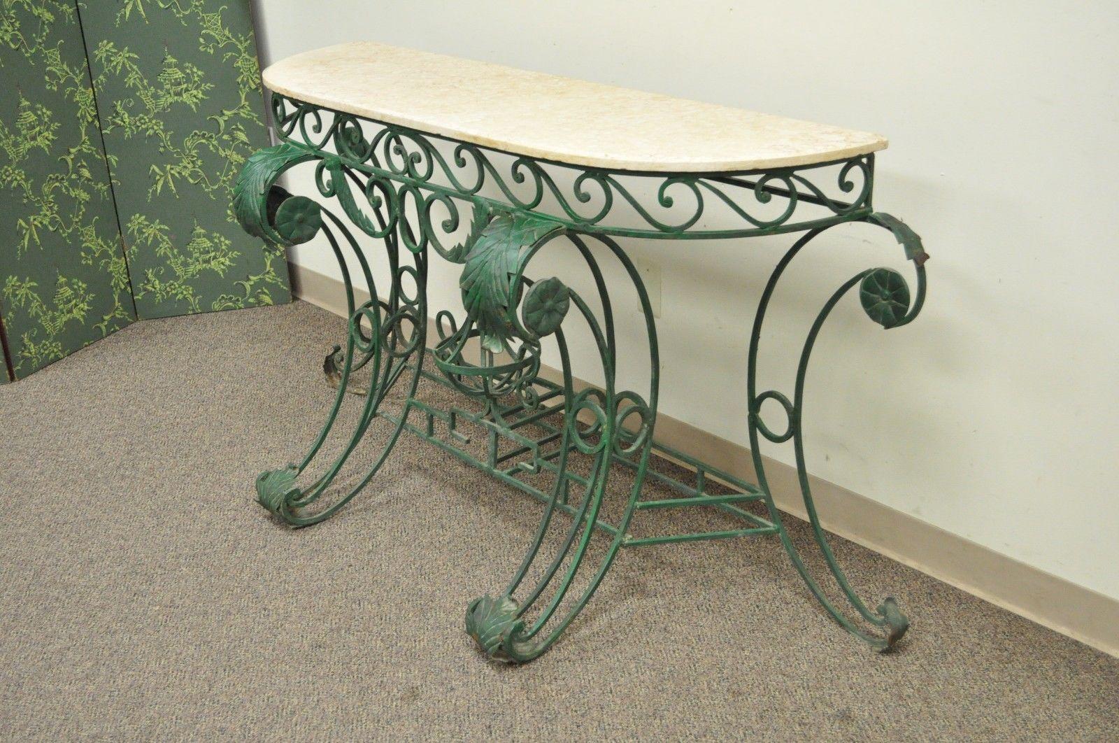 Ornate Italian Regency Style Green Wrought Iron Marble-Top Console Table In Good Condition In Philadelphia, PA