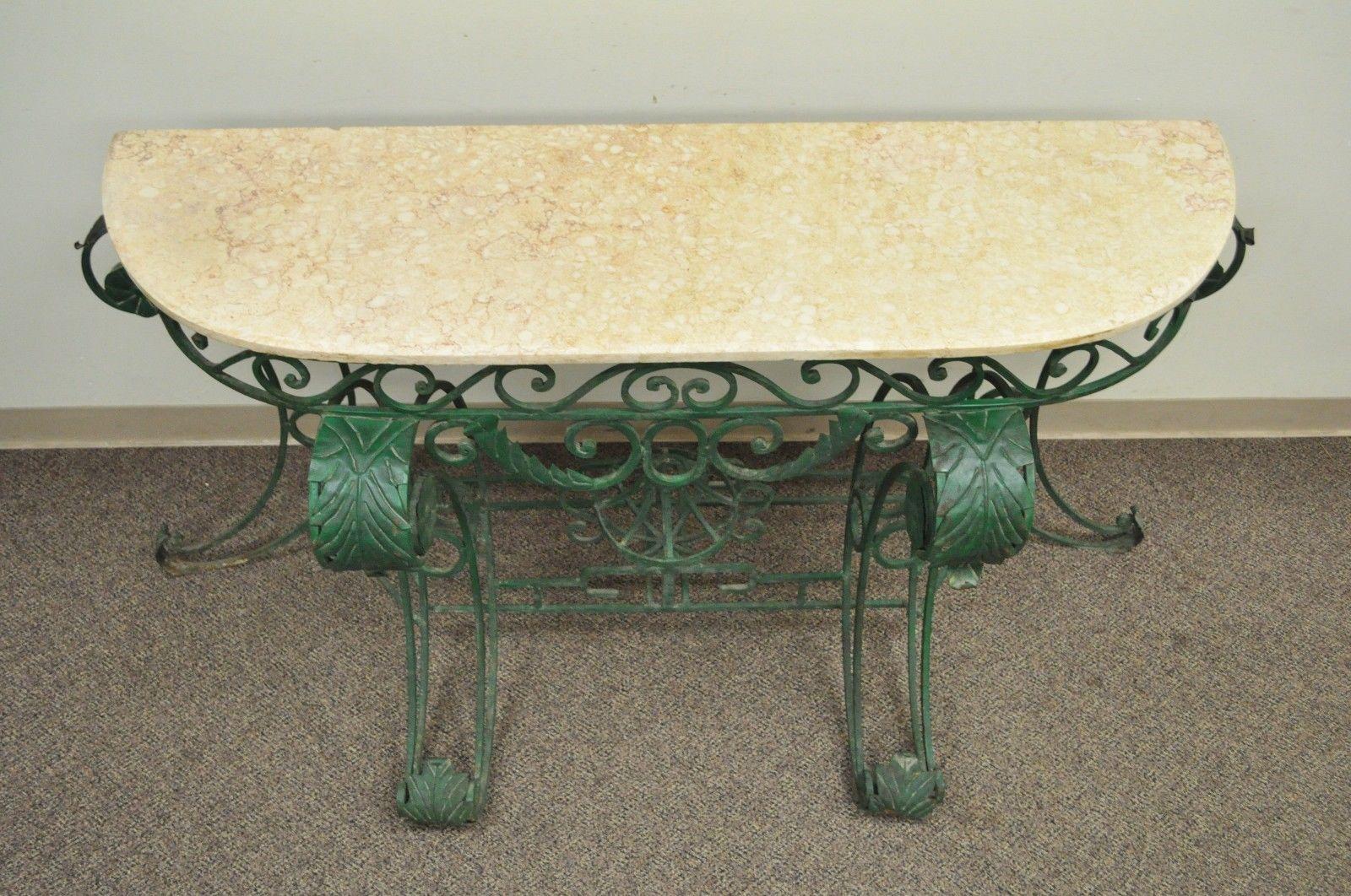 20th Century Ornate Italian Regency Style Green Wrought Iron Marble-Top Console Table