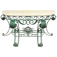 Ornate Italian Regency Style Green Wrought Iron Marble-Top Console Table