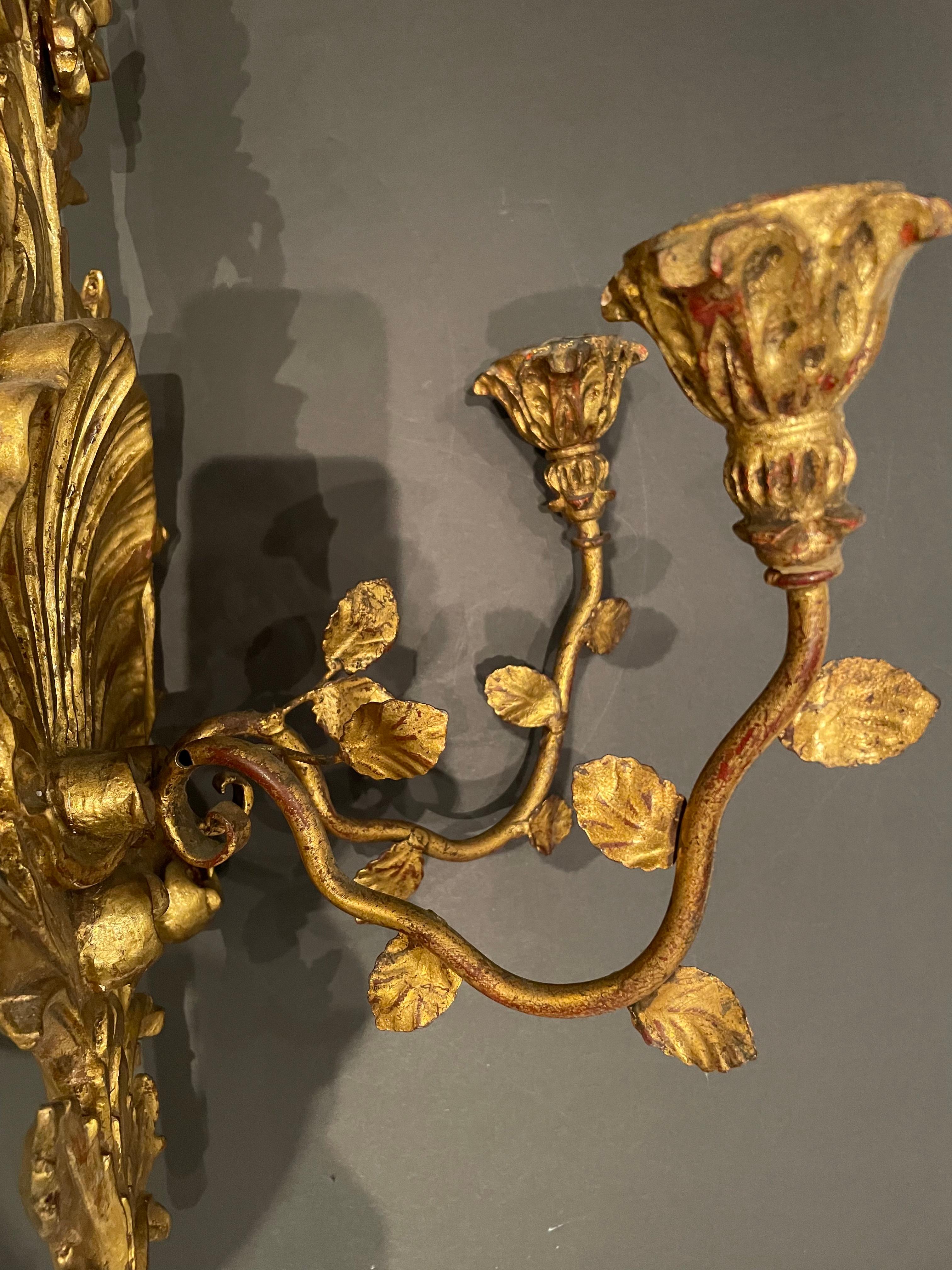 Ornate Italian Rococo Style Giltwood Candle Sconces 1