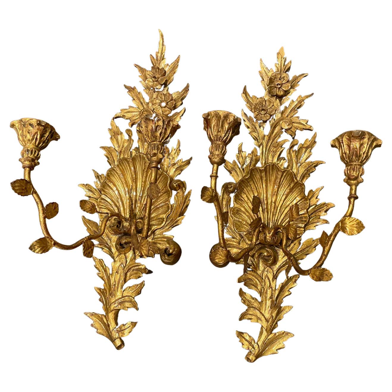 Ornate Italian Rococo Style Giltwood Candle Sconces For Sale at 1stDibs