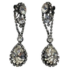 Ornate Japanned Great Cut Clear Rhinestone Vintage Drop Earrings