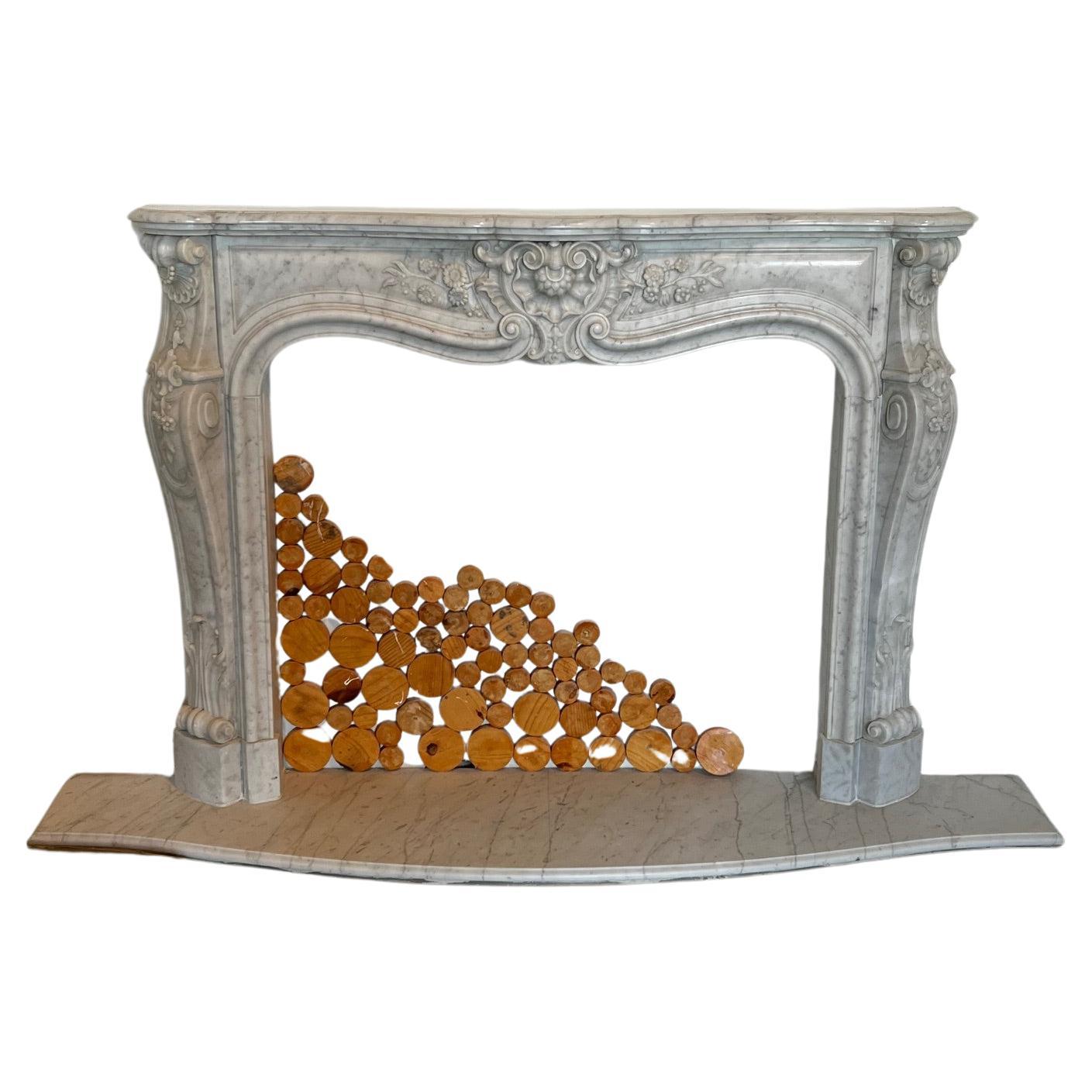 Ornate Louis XV-Style Fireplace Hand-Carved in Carrara Marble  For Sale