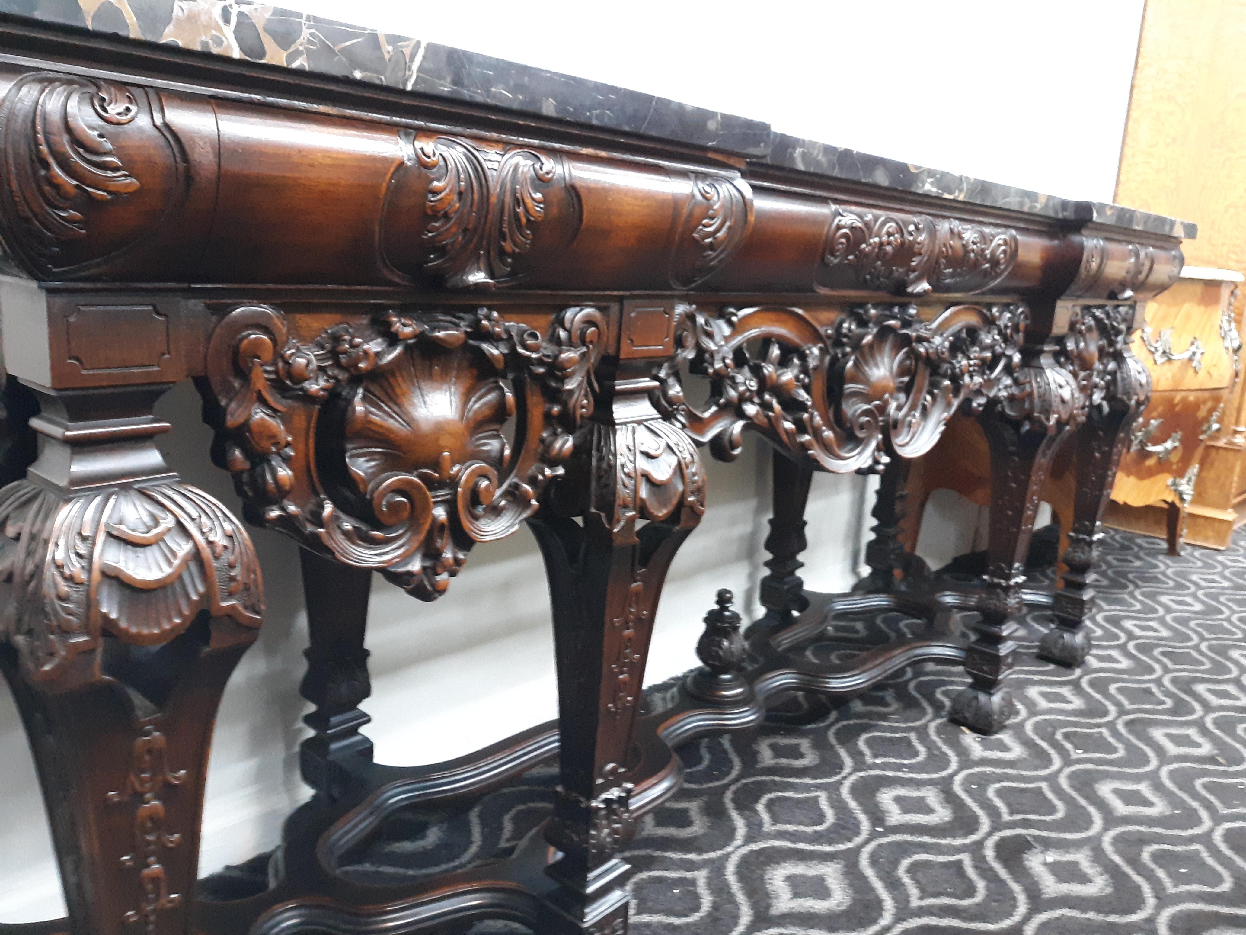 American Craftsman Ornate Mahogany Entrance Table with Black Marble Top, circa 1920 For Sale