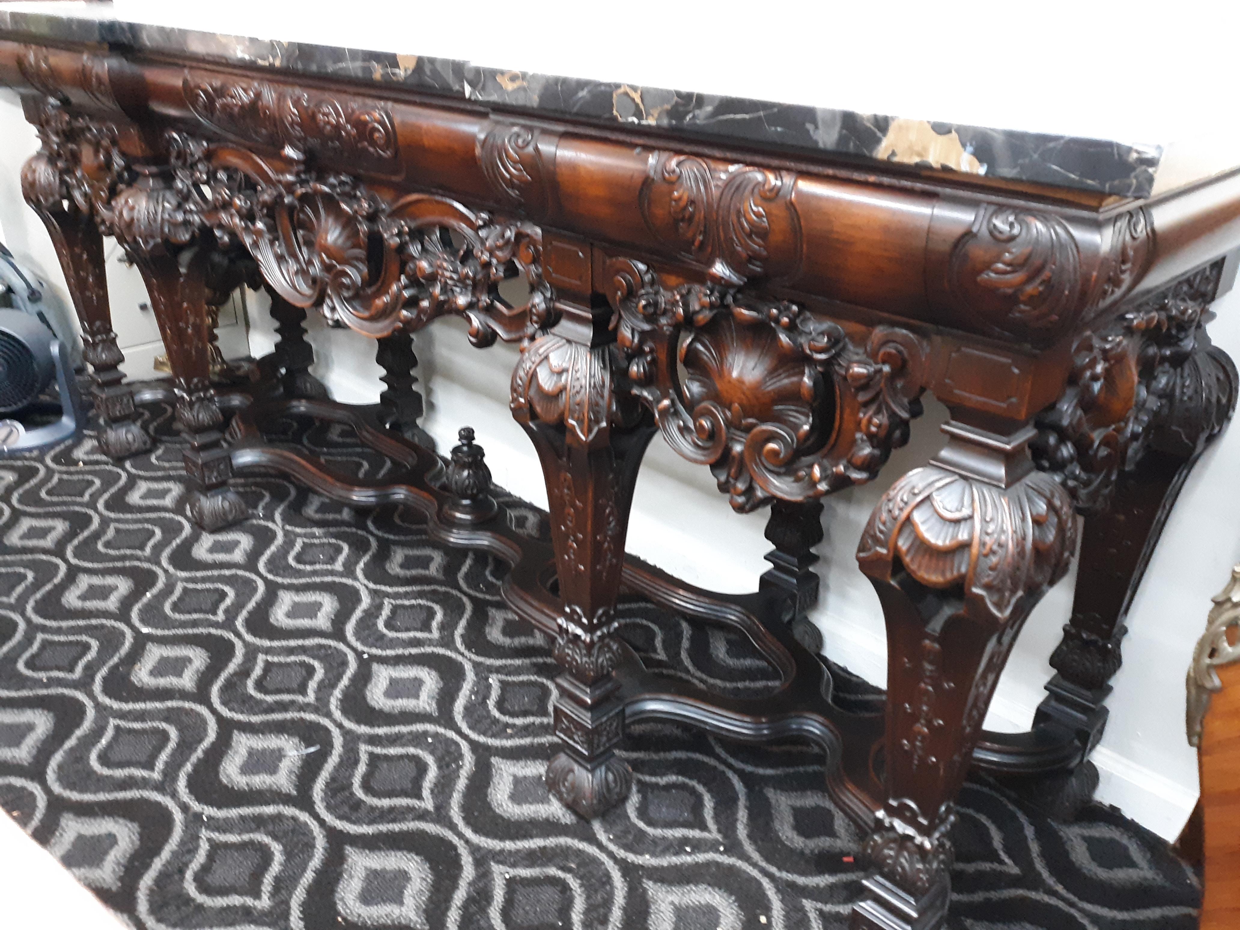 Woodwork Ornate Mahogany Entrance Table with Black Marble Top, circa 1920 For Sale