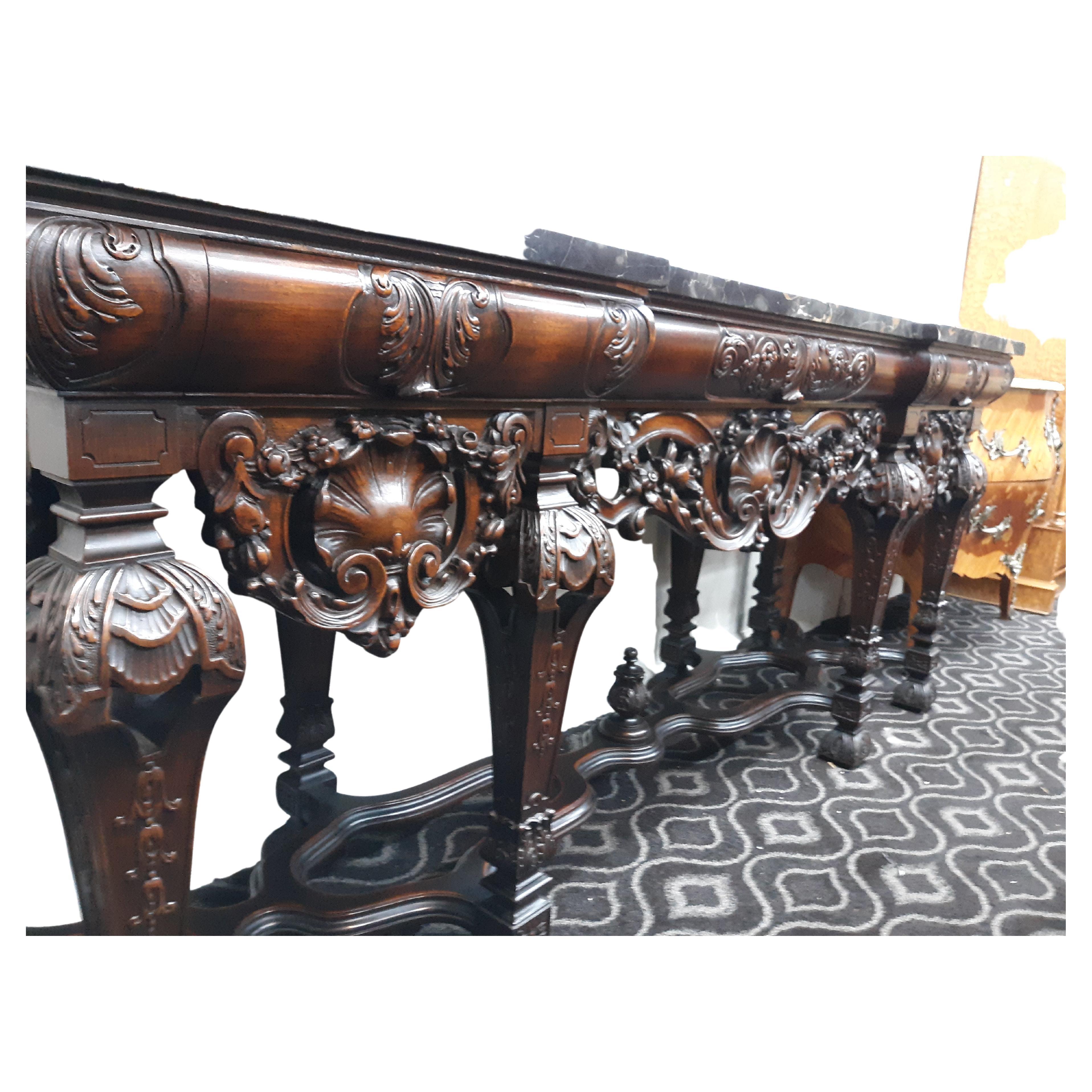 Ornate Mahogany Entrance Table with Black Marble Top, circa 1920 For Sale