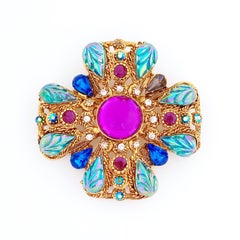 Ornate Maltese Cross Brooch With Molded Glass & Rhinestones By Florenza, 1960s