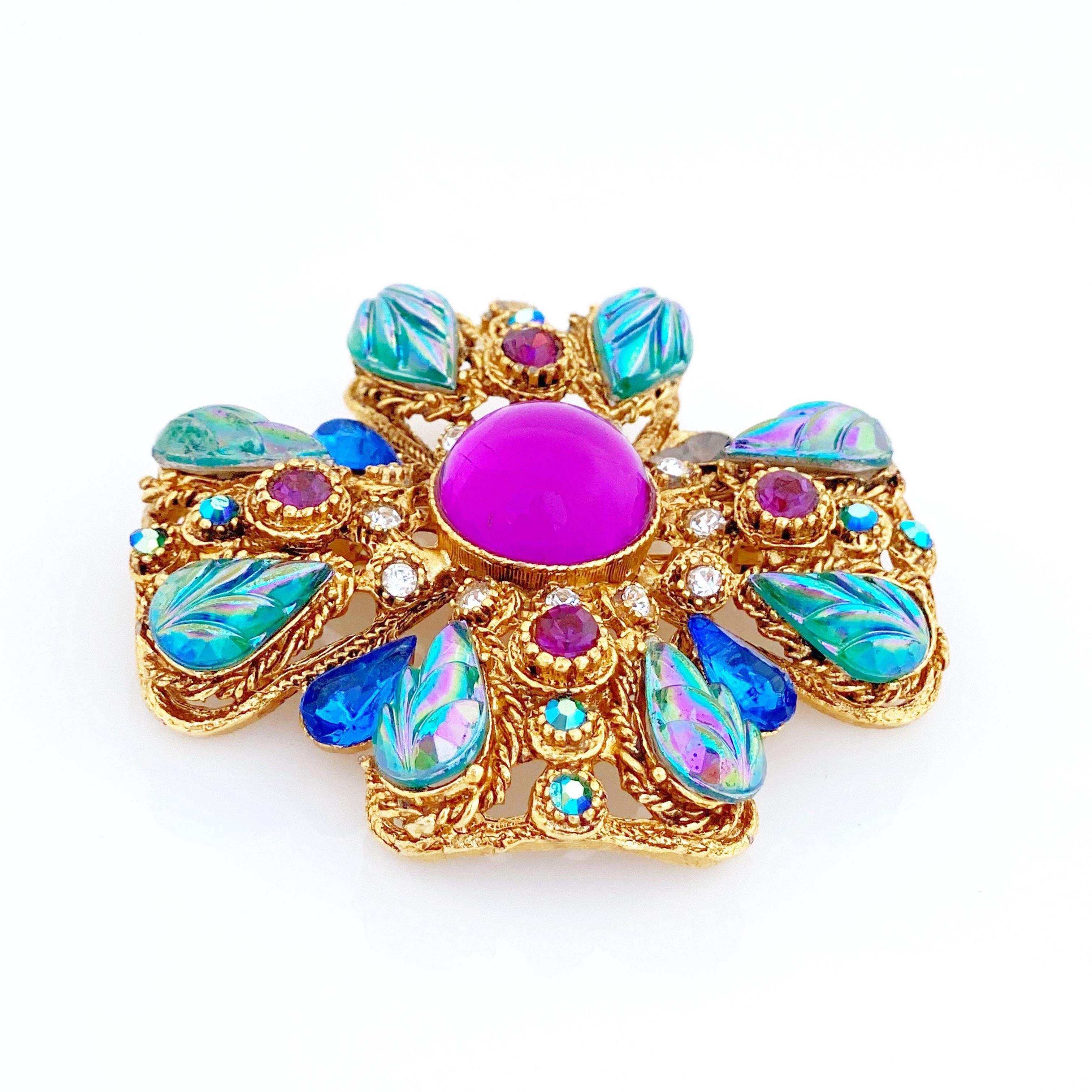 Modern Ornate Maltese Cross Brooch With Molded Glass & Rhinestones By Florenza, 1960s For Sale