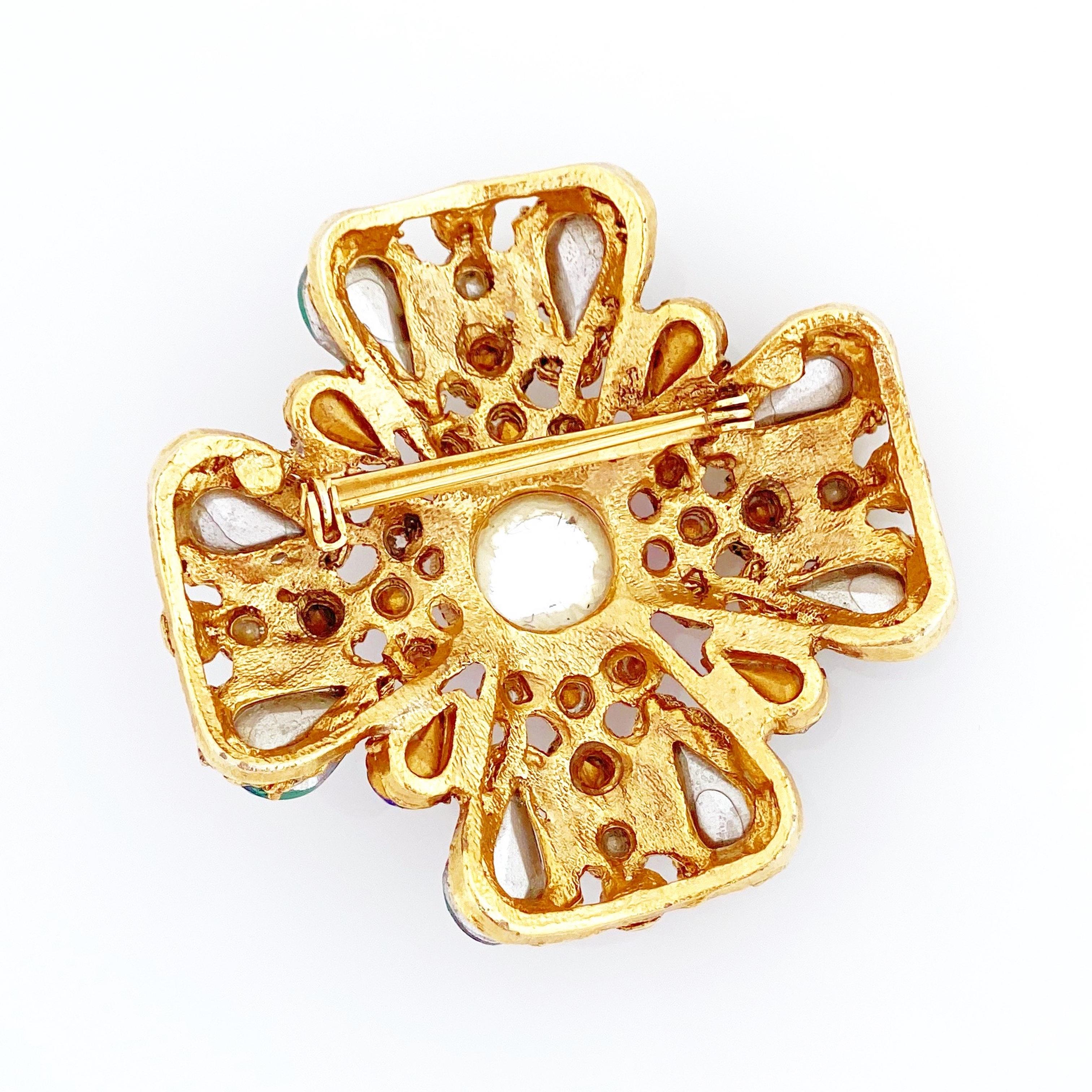 Women's Ornate Maltese Cross Brooch With Molded Glass & Rhinestones By Florenza, 1960s For Sale