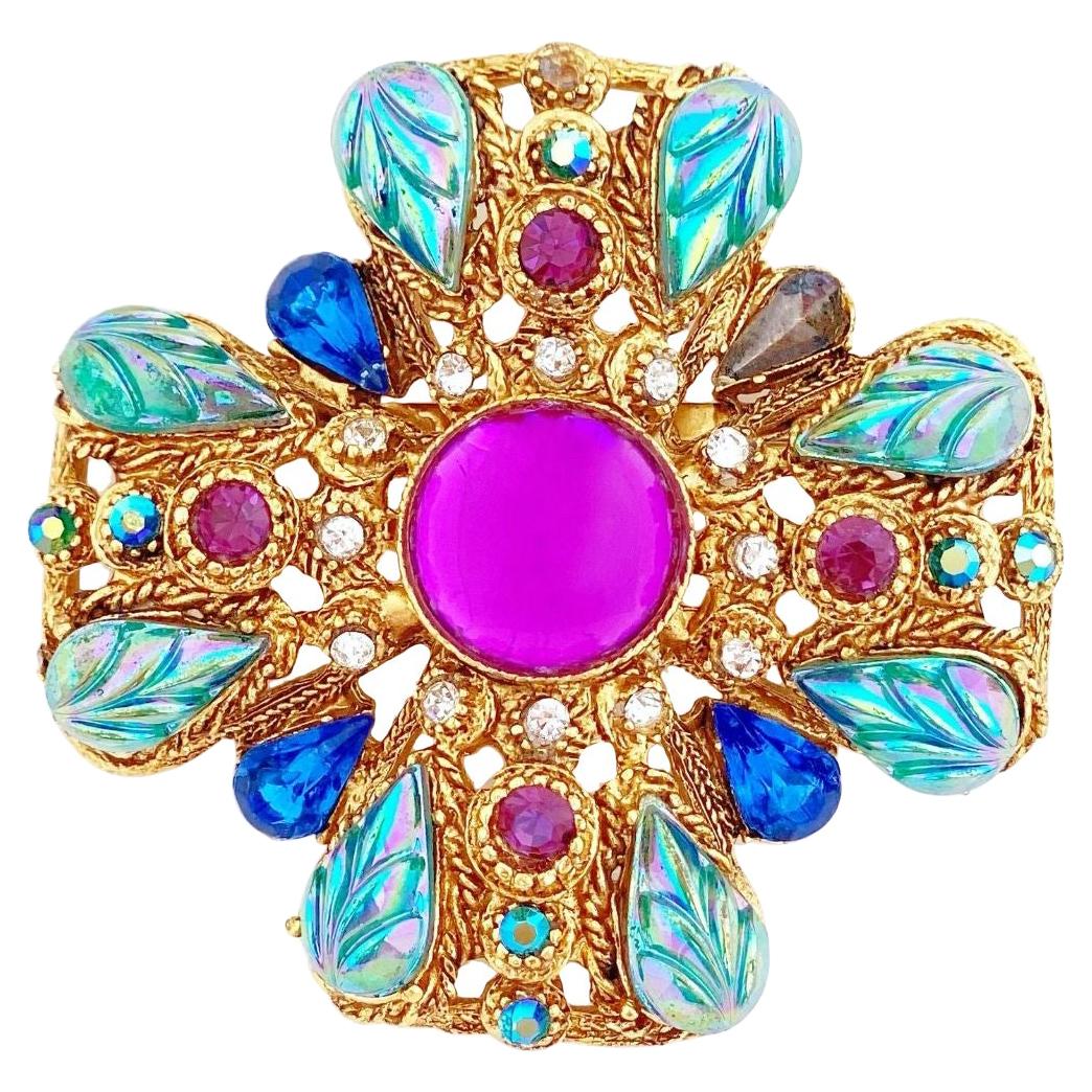 Ornate Maltese Cross Brooch With Molded Glass & Rhinestones By Florenza, 1960s For Sale