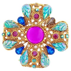 Retro Ornate Maltese Cross Brooch With Molded Glass & Rhinestones By Florenza, 1960s