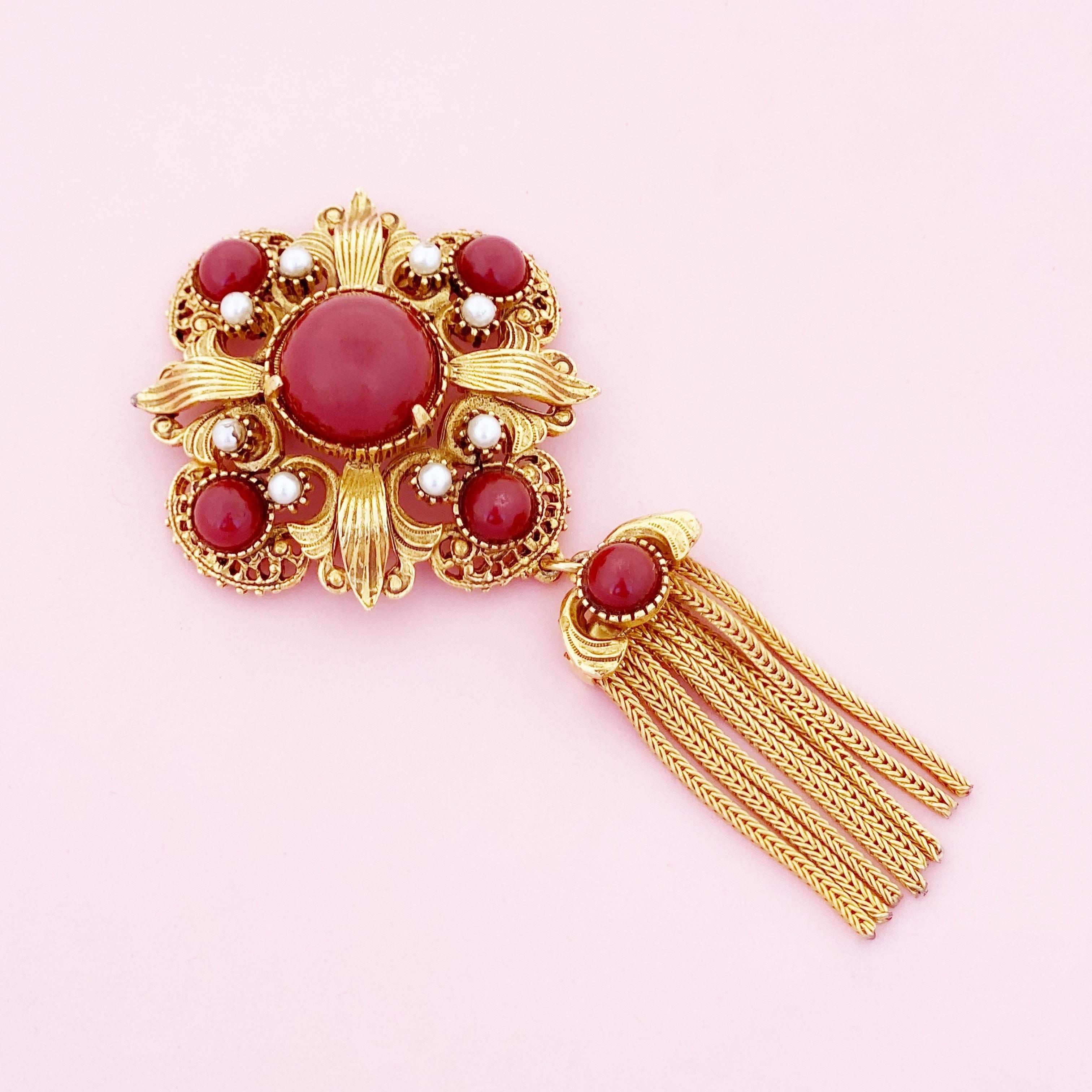 Modern Ornate Medallion Brooch w Red Cabochons & Gold Fringe Tassel By Florenza, 1970s