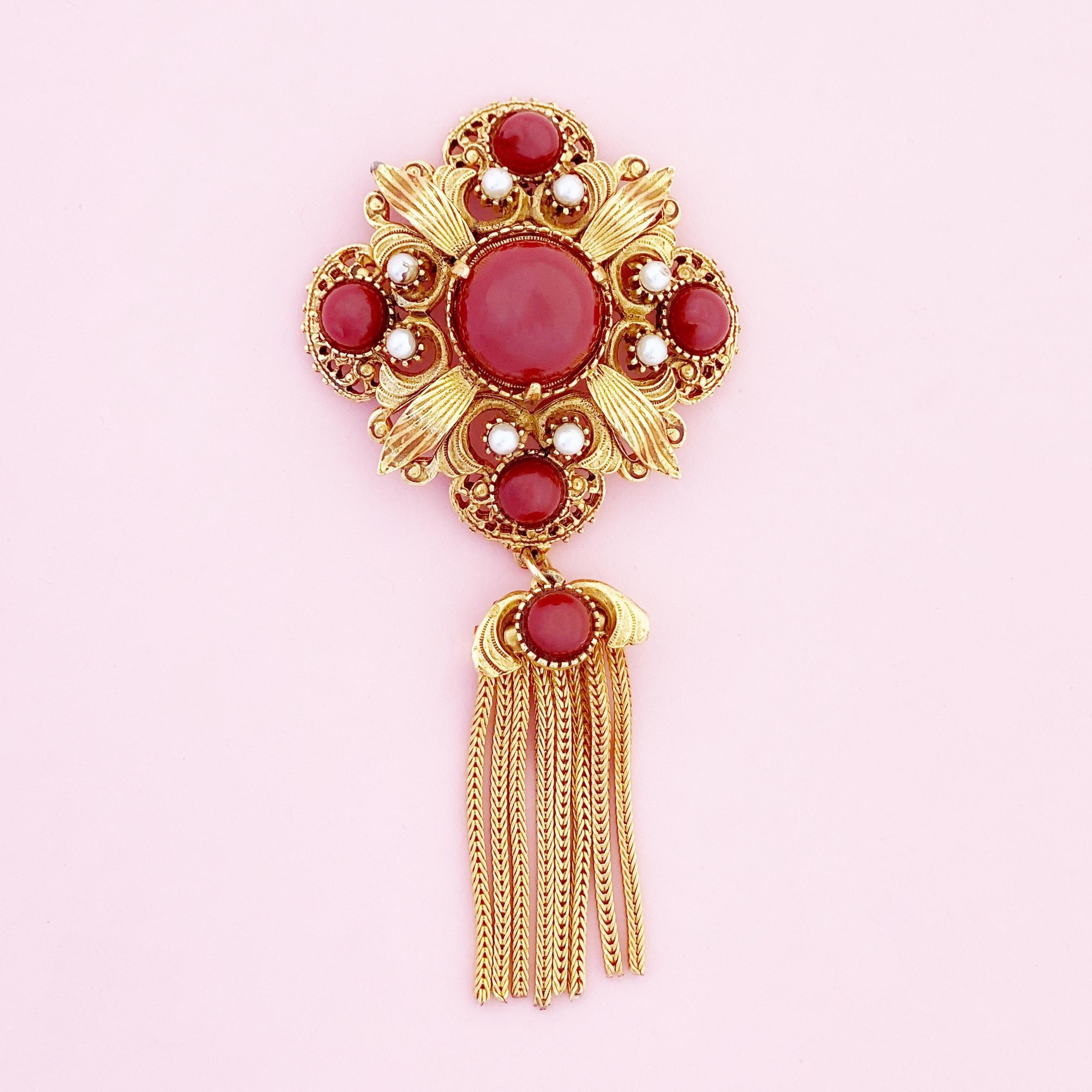 Ornate Medallion Brooch w Red Cabochons & Gold Fringe Tassel By Florenza, 1970s In Good Condition In McKinney, TX