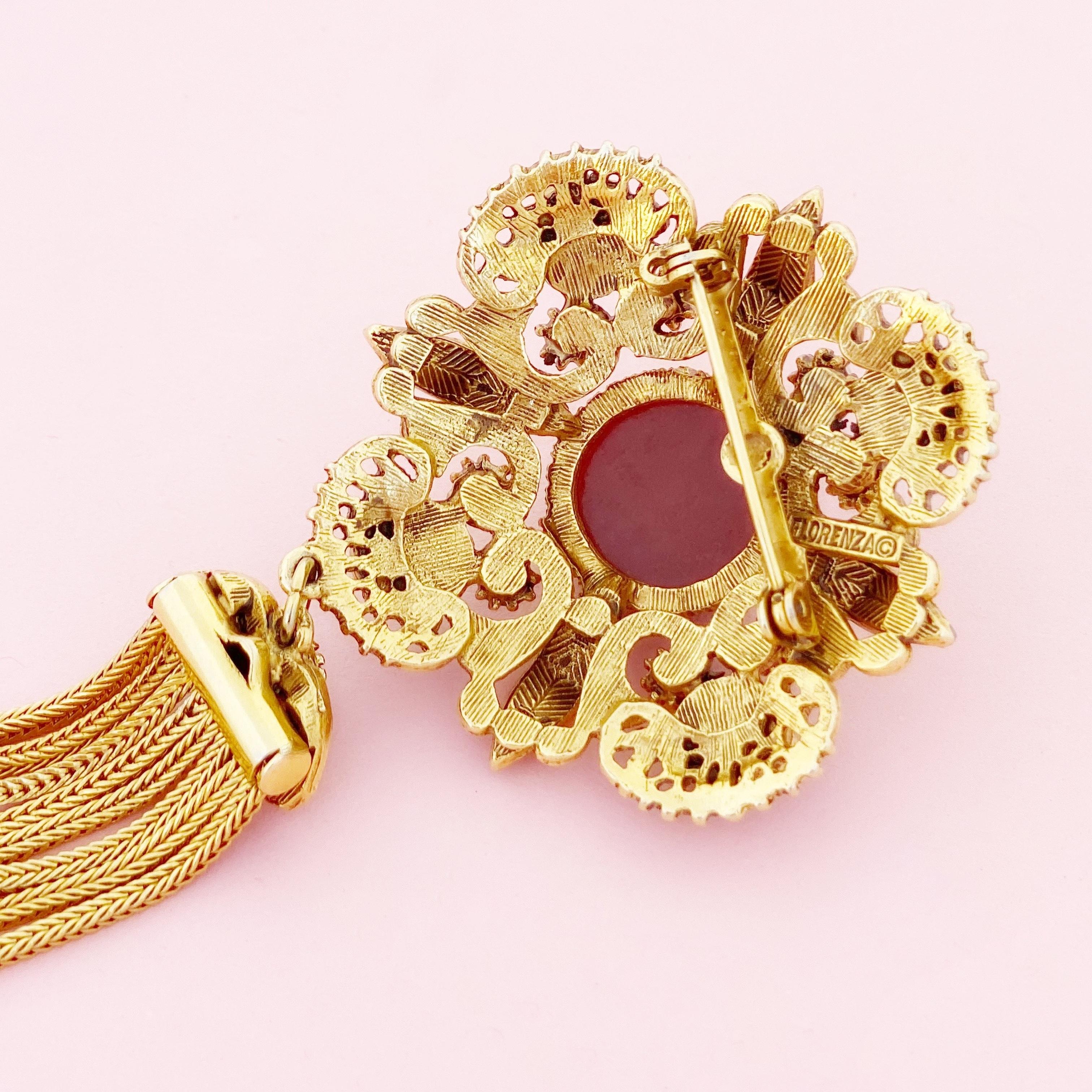 Ornate Medallion Brooch w Red Cabochons & Gold Fringe Tassel By Florenza, 1970s 1