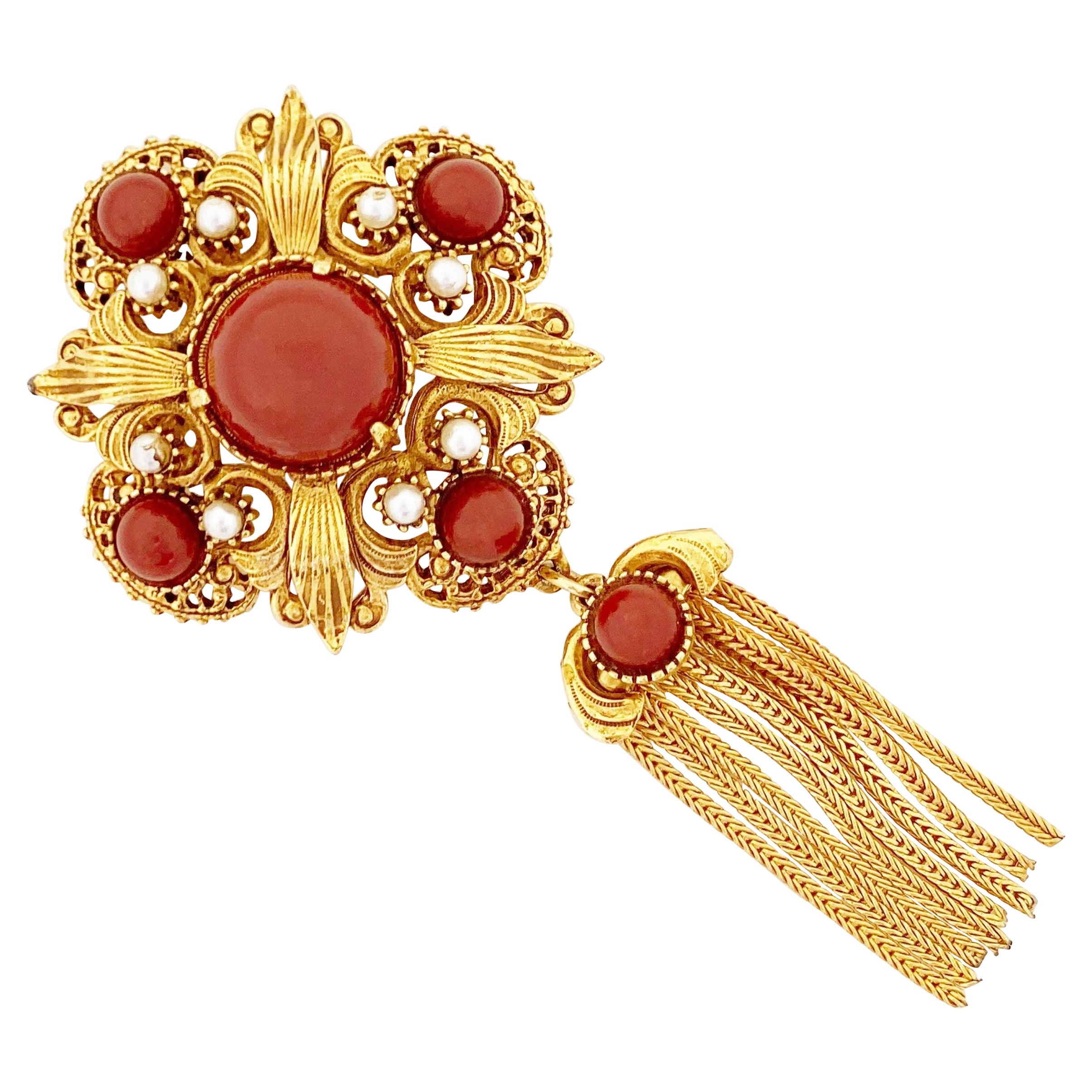 Ornate Medallion Brooch w Red Cabochons & Gold Fringe Tassel By Florenza, 1970s