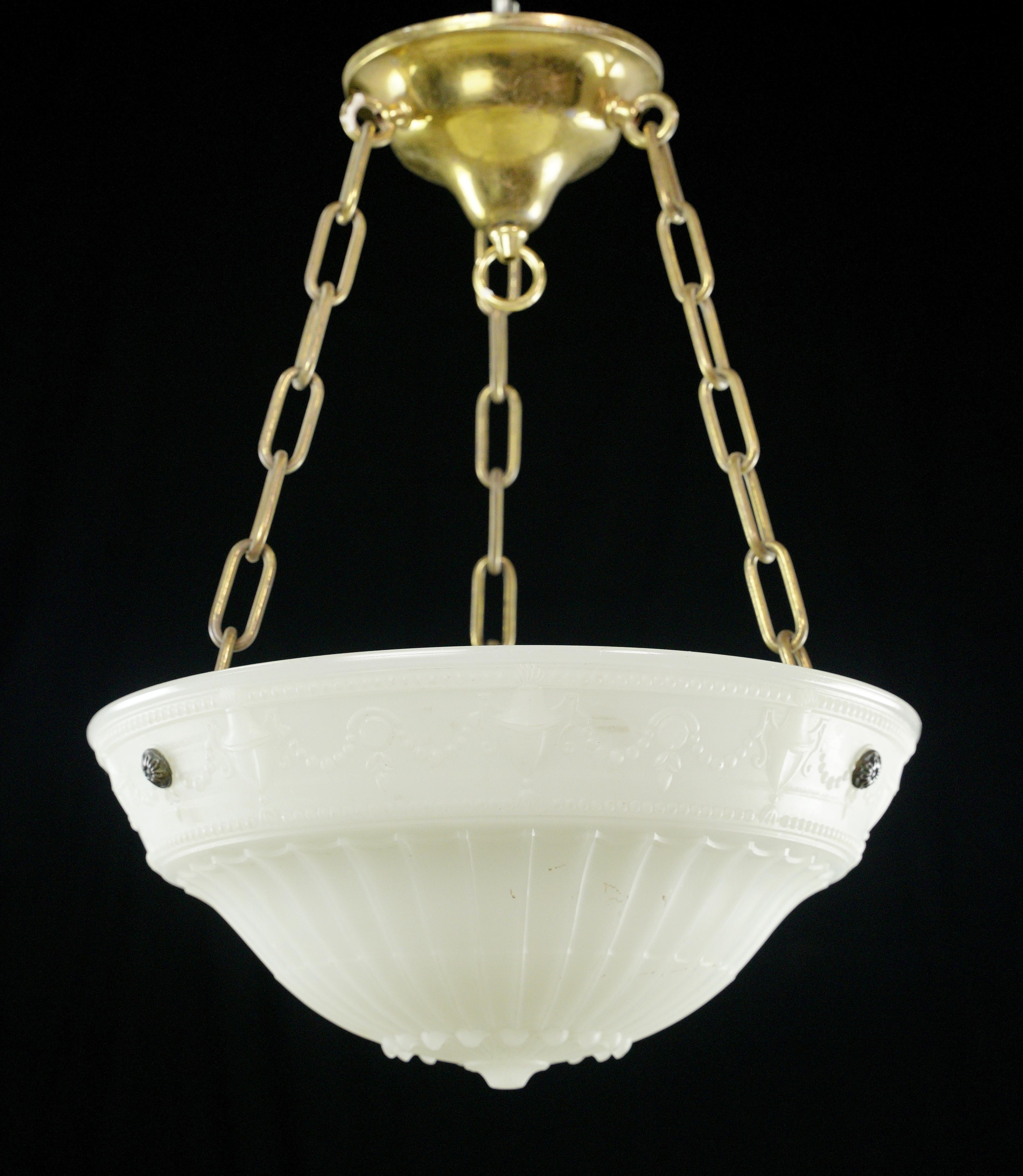 Victorian Ornate Milk Glass Dish Polished Brass Chain Pendant Light For Sale