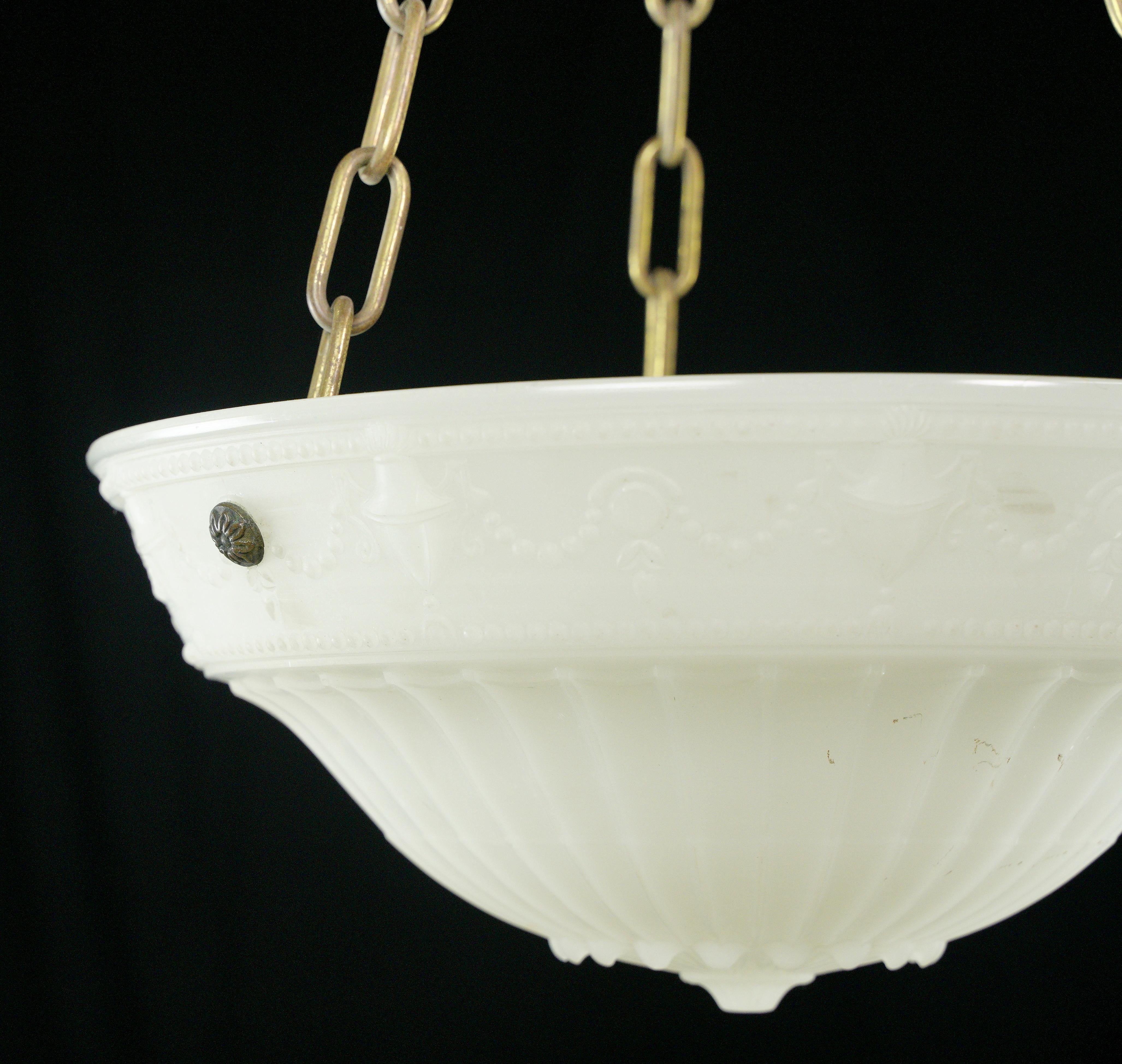 American Ornate Milk Glass Dish Polished Brass Chain Pendant Light For Sale
