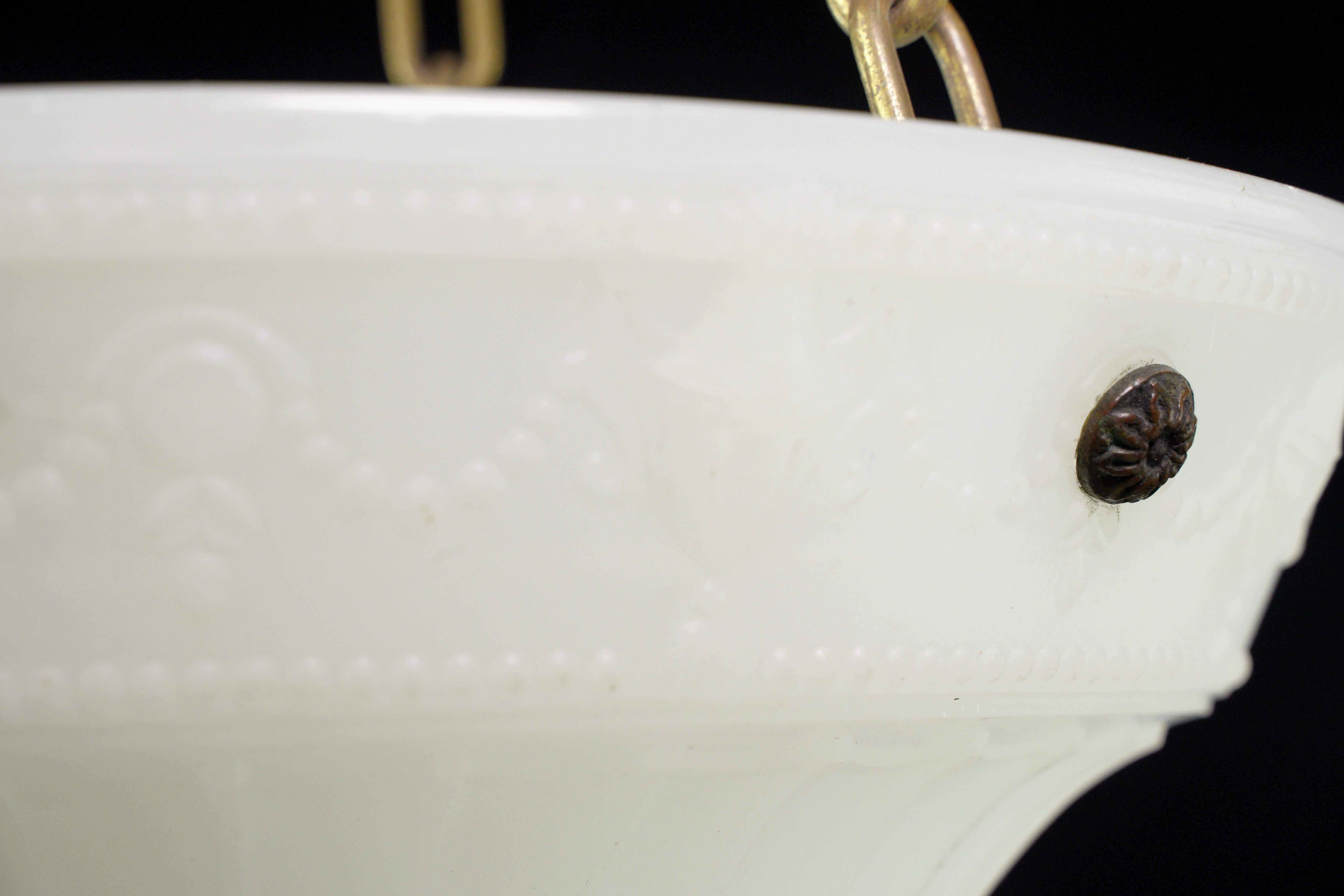 20th Century Ornate Milk Glass Dish Polished Brass Chain Pendant Light For Sale
