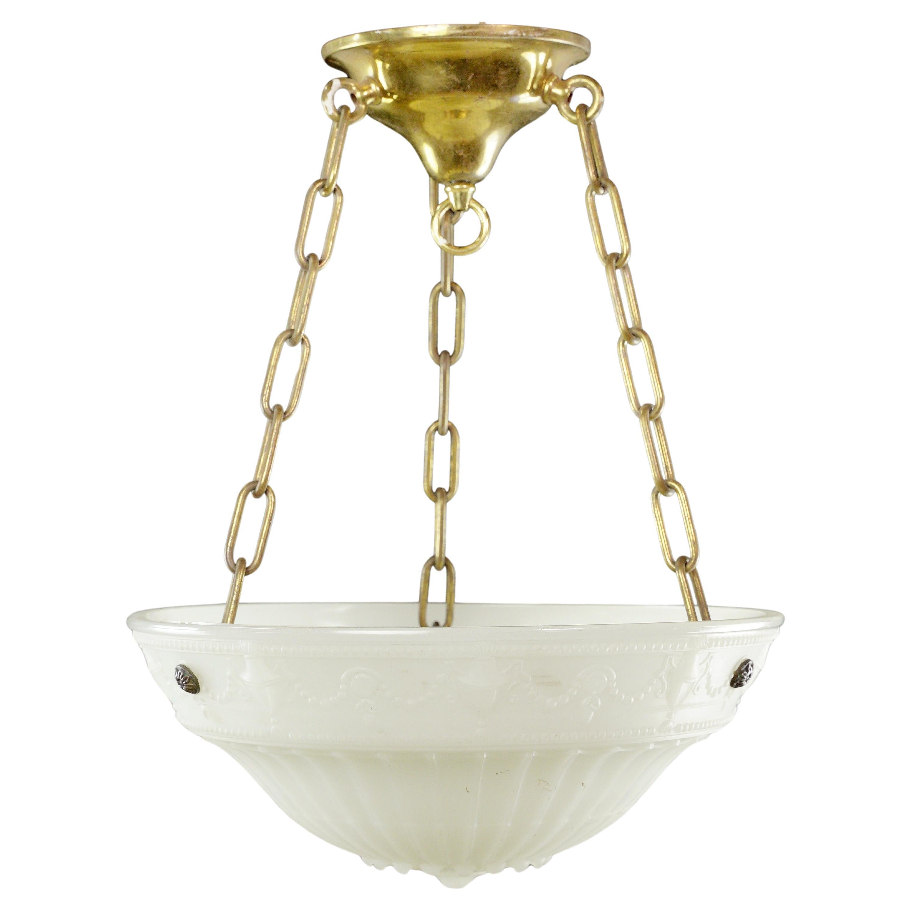 Ornate Milk Glass Dish Polished Brass Chain Pendant Light For Sale