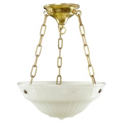 Vintage Ornate Milk Glass Dish Polished Brass Chain Pendant Light