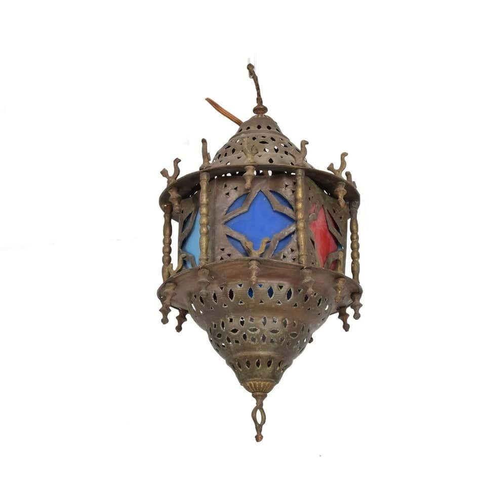 Ornate Moroccan Pierced Brass Hanging Lamp Festive Colors Rooster Lantern Light 3