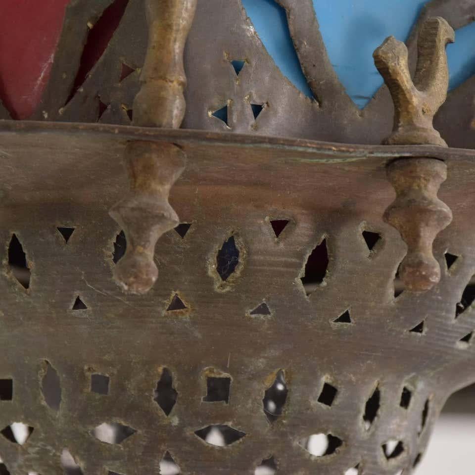 Moorish Ornate Moroccan Pierced Brass Hanging Lamp Festive Colors Rooster Lantern Light