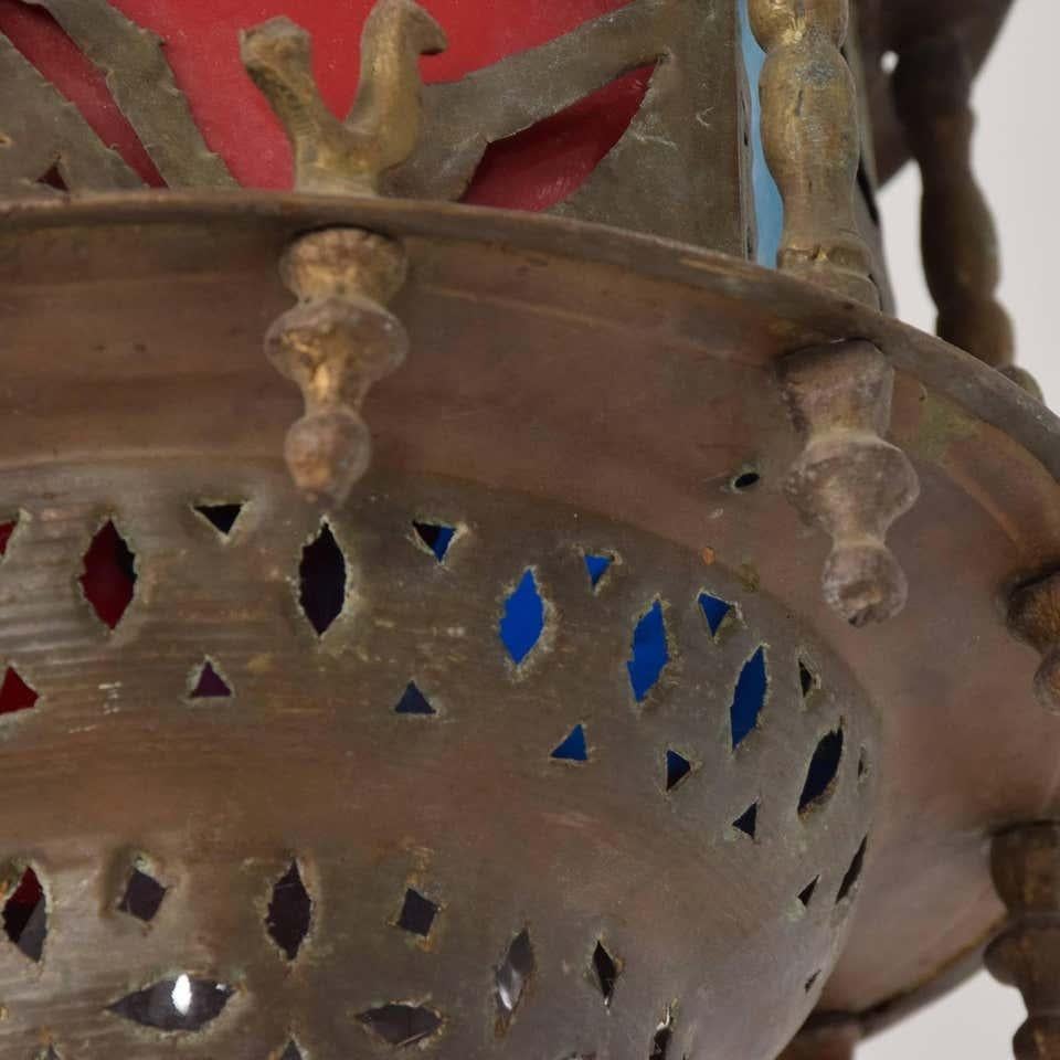 Ornate Moroccan Pierced Brass Hanging Lamp Festive Colors Rooster Lantern Light 1