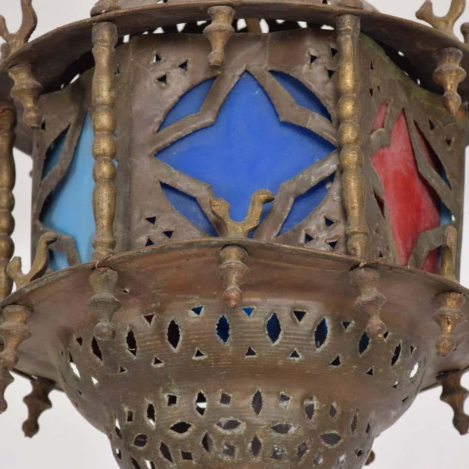 Ornate Moroccan Pierced Brass Hanging Lamp Festive Colors Rooster Lantern Light 2
