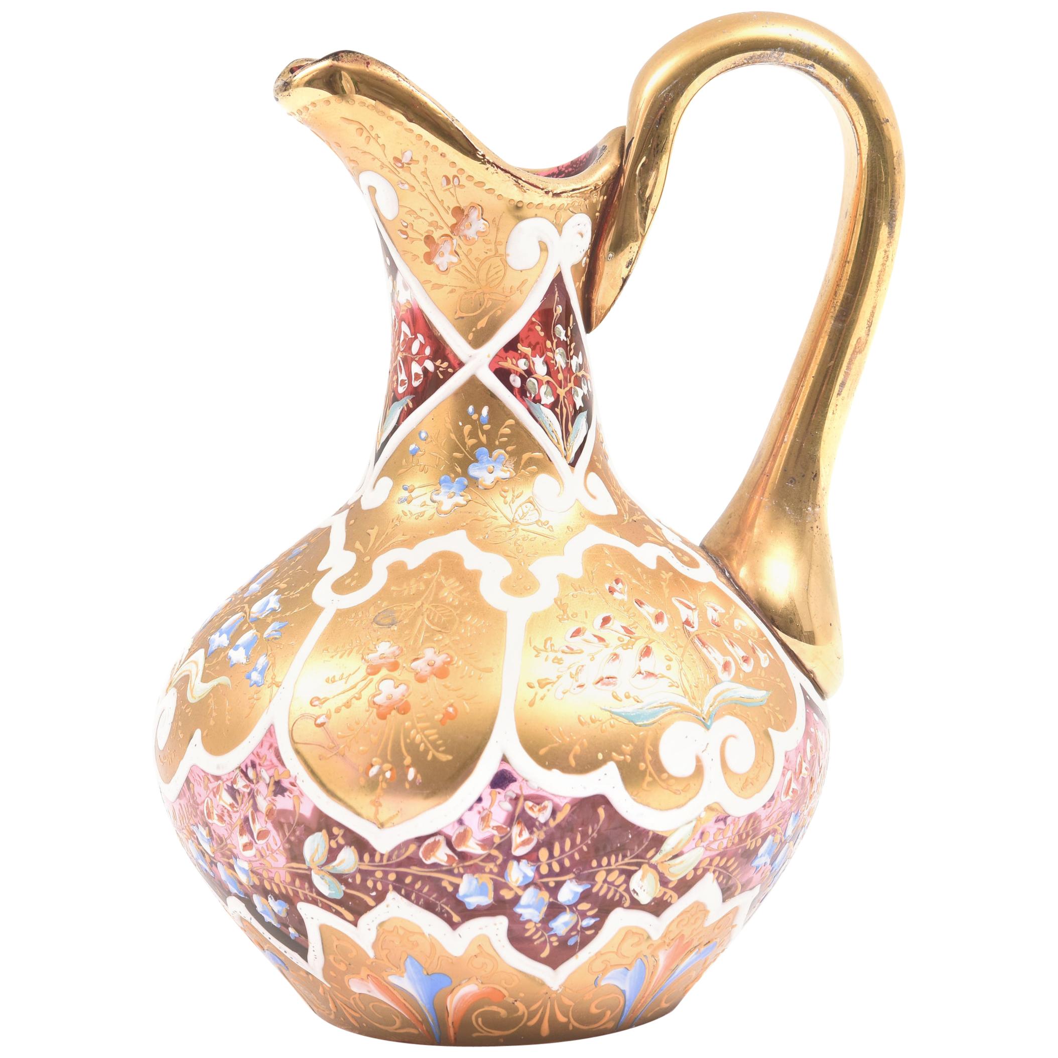 Ornate Moser Glass Enamel and Gilt Pitcher or Ewer, 19th Century For Sale