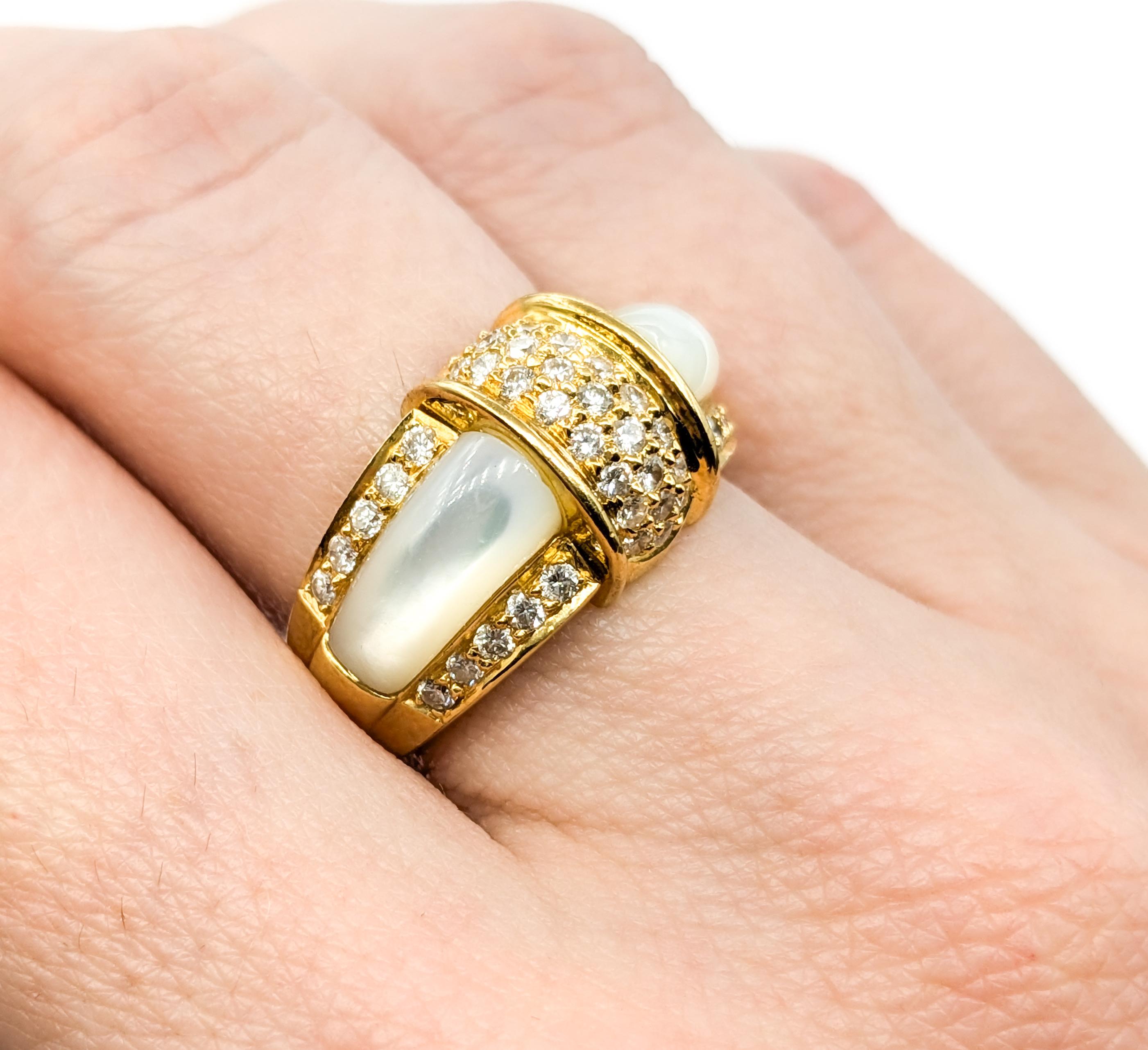 Round Cut Ornate Mother-of-Pearl & Diamond Band Ring in 18k Yellow Gold